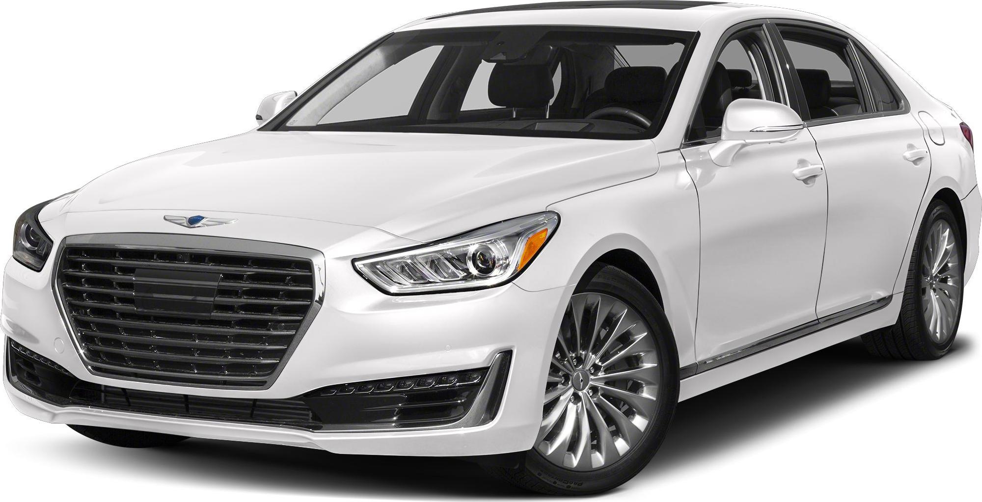 White luxury sedan with bold front grille and LED projector headlights