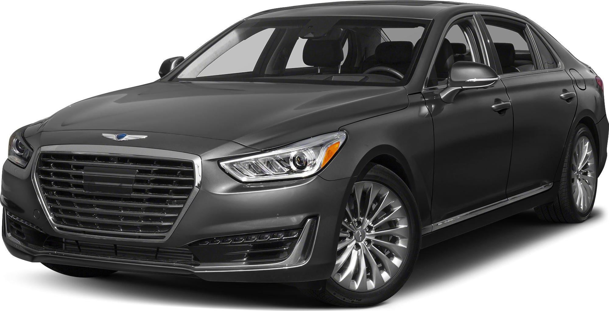 Luxury sedan front view with sleek headlights and prominent grille