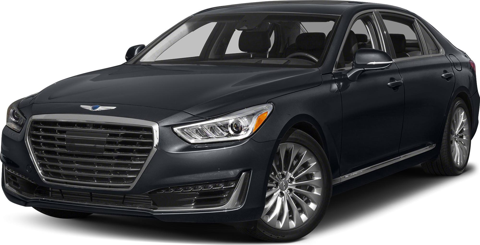 Large chrome grille and LED headlights of a luxury sedan front.