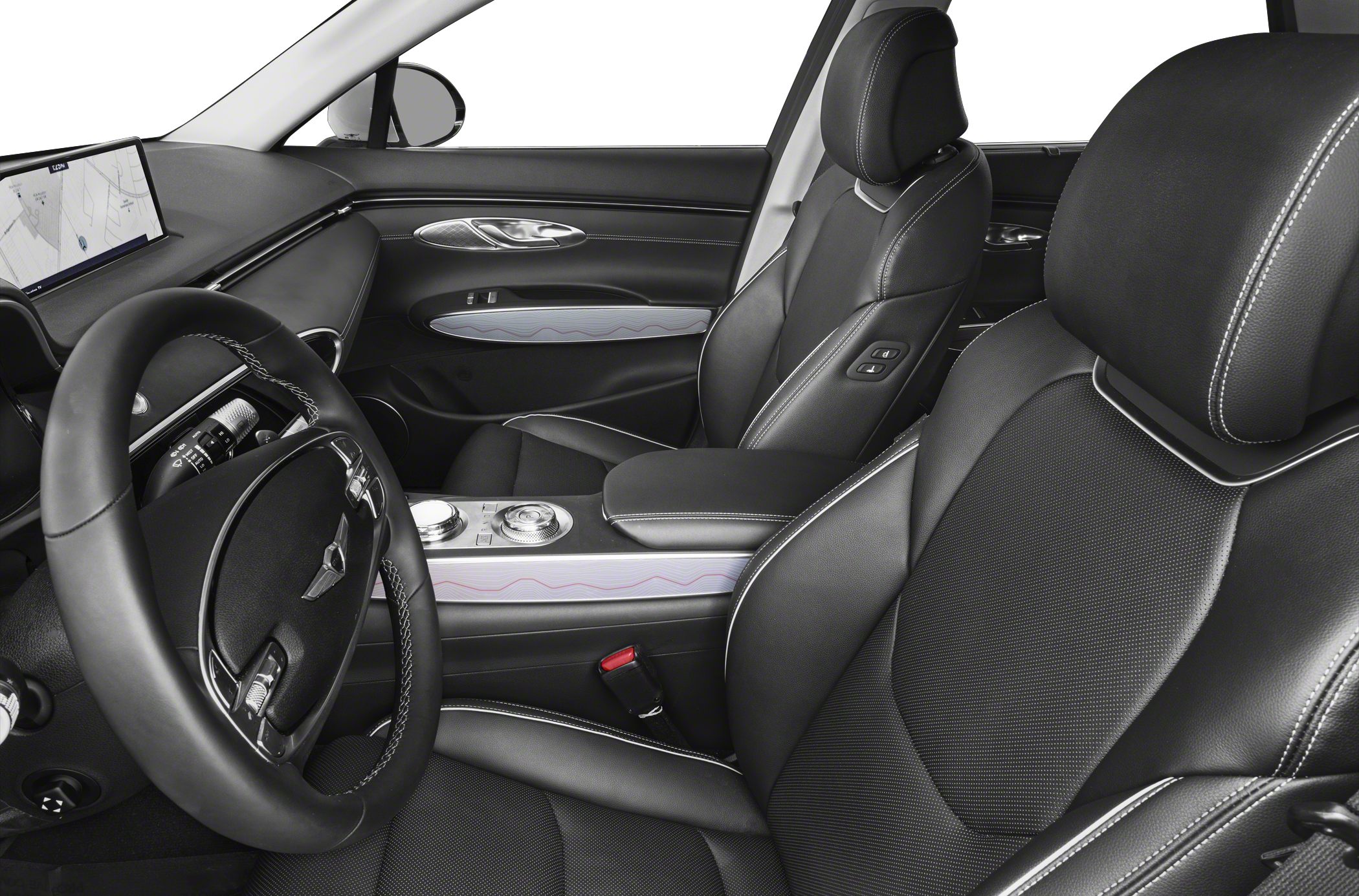 Luxury car interior with leather seats and digital navigation display