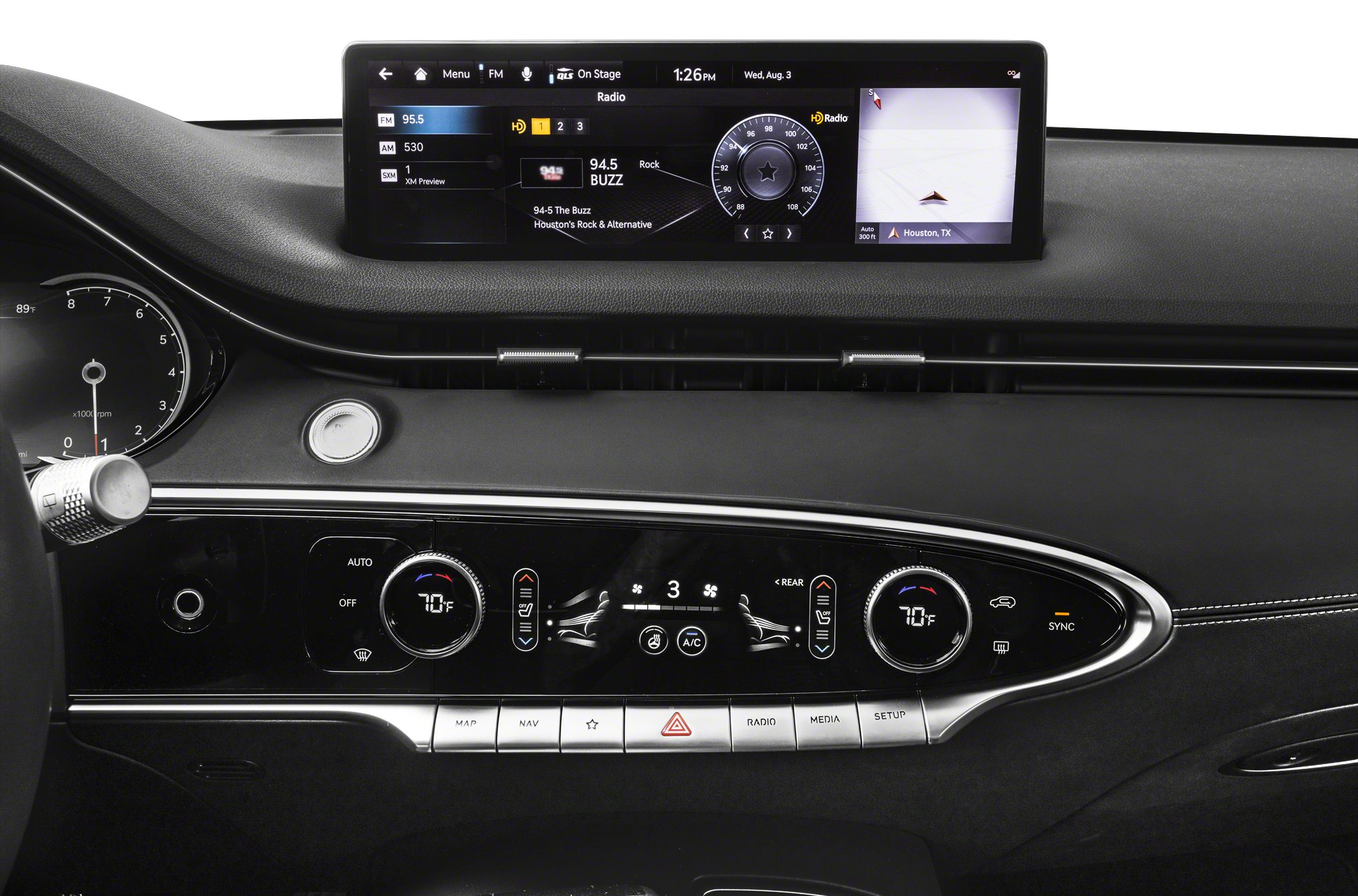 Infotainment touchscreen and digital climate control interface in sleek dashboard