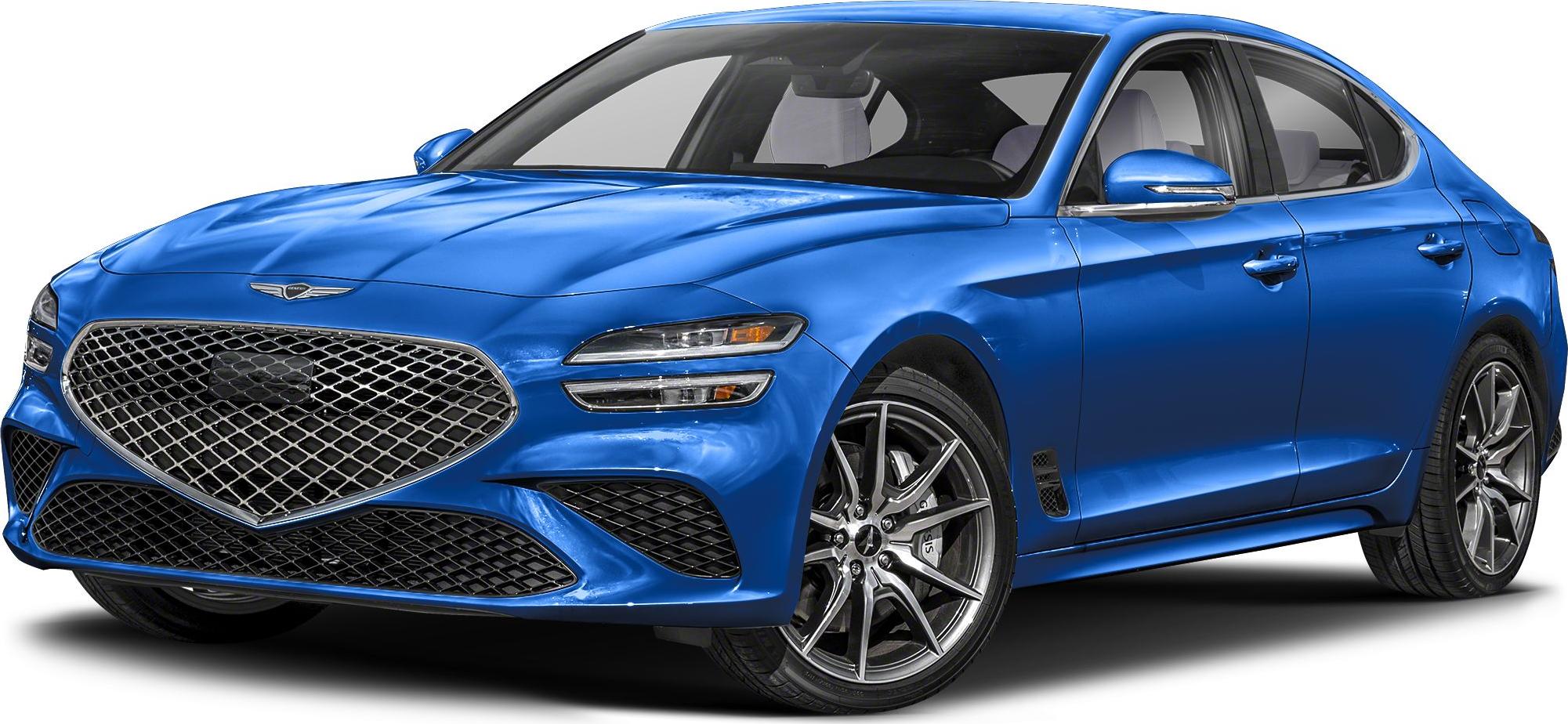 Blue luxury sedan with prominent diamond-pattern grille and sporty alloy wheels