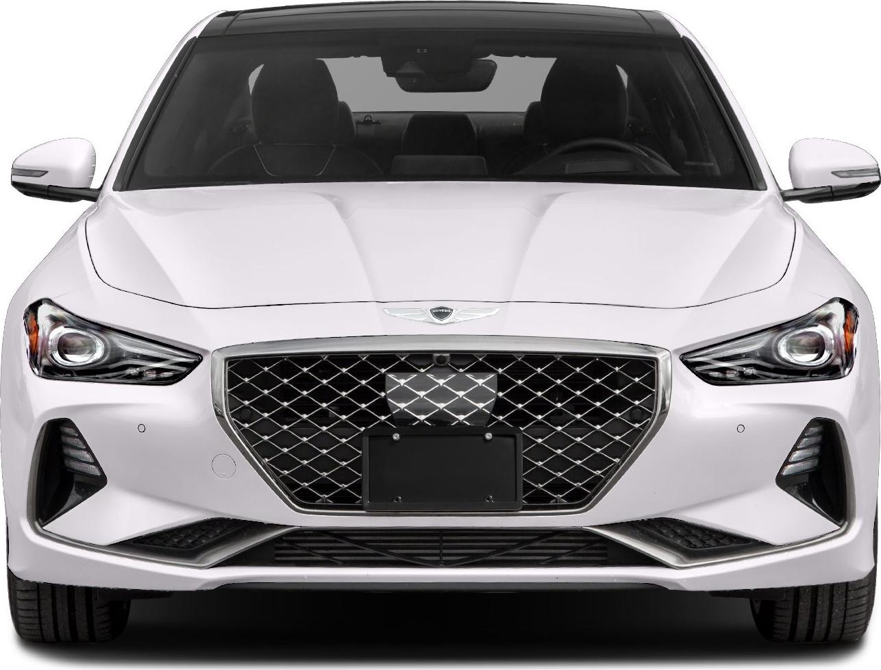 Large diamond-pattern grille and sleek LED headlights on front view.