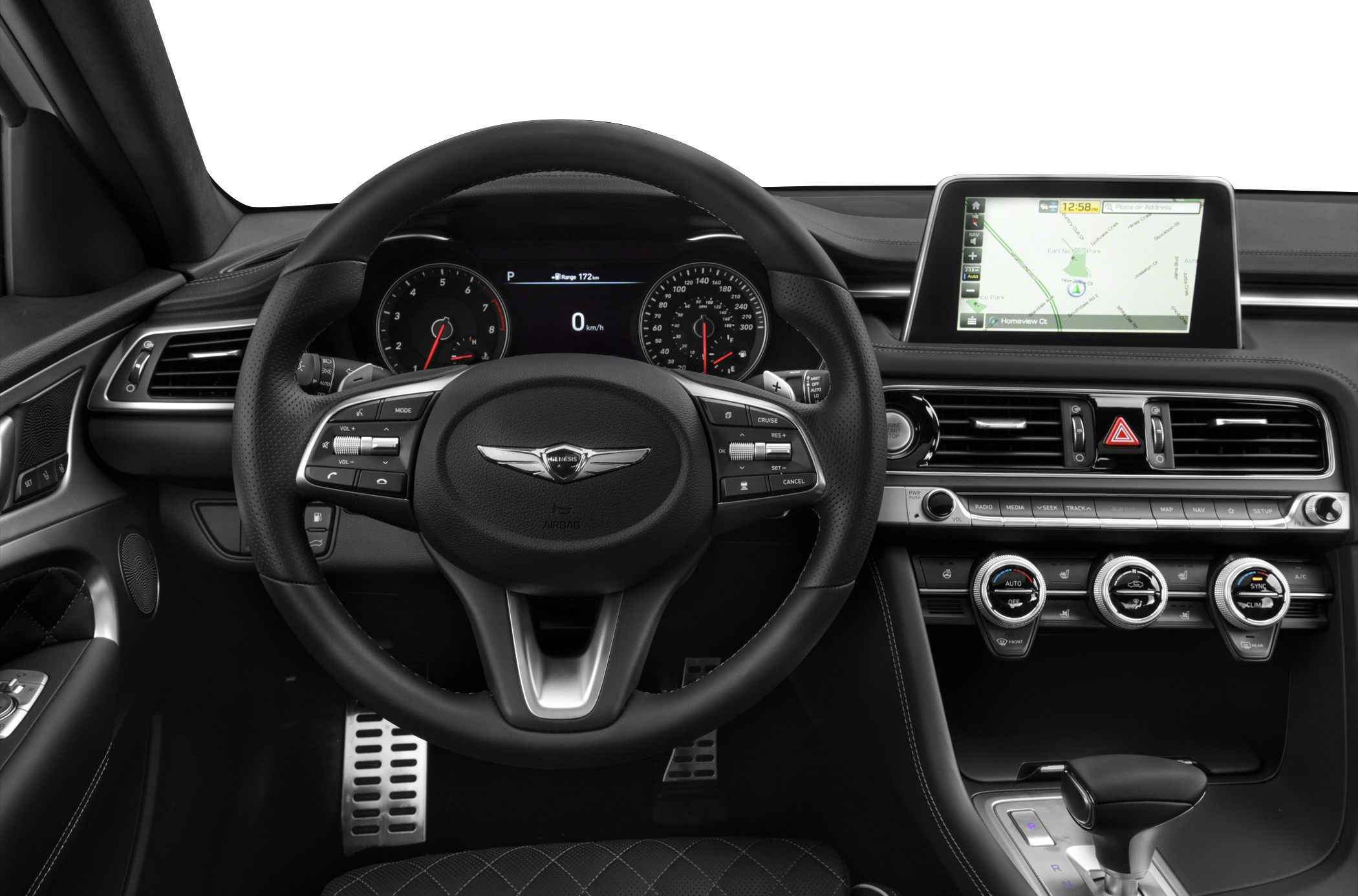 Steering wheel with controls and dashboard with touchscreen navigation