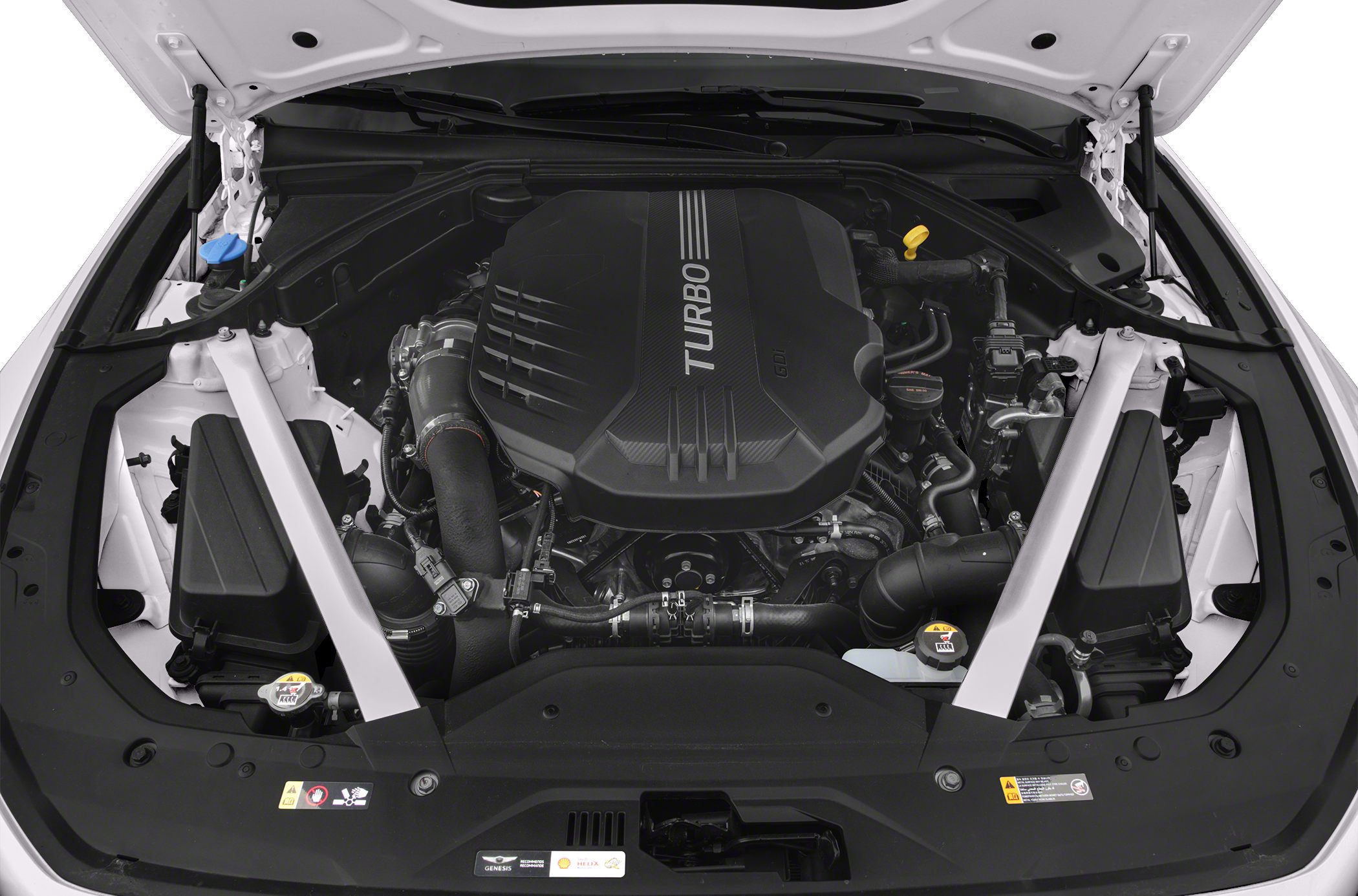 Turbocharged engine compartment with visible GDI and structural braces