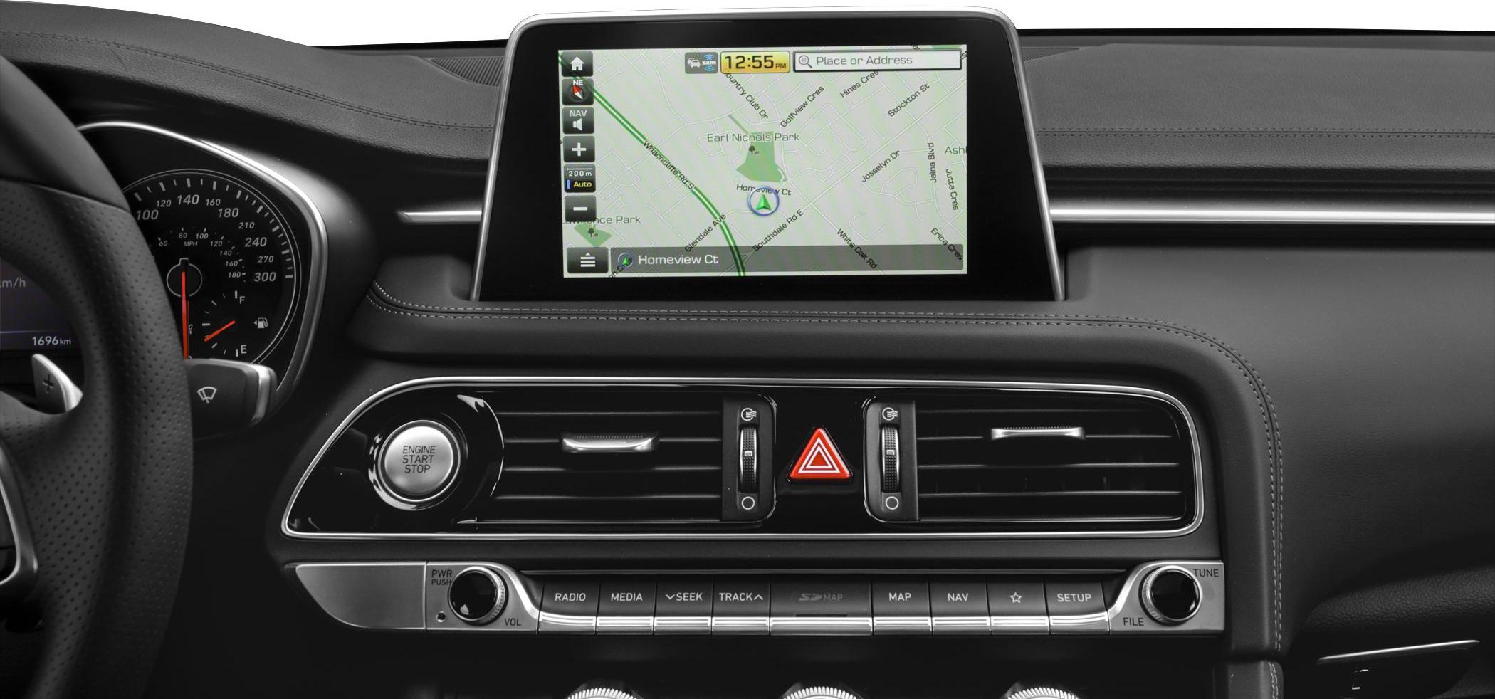 Car navigation screen and dashboard controls with media and climate features