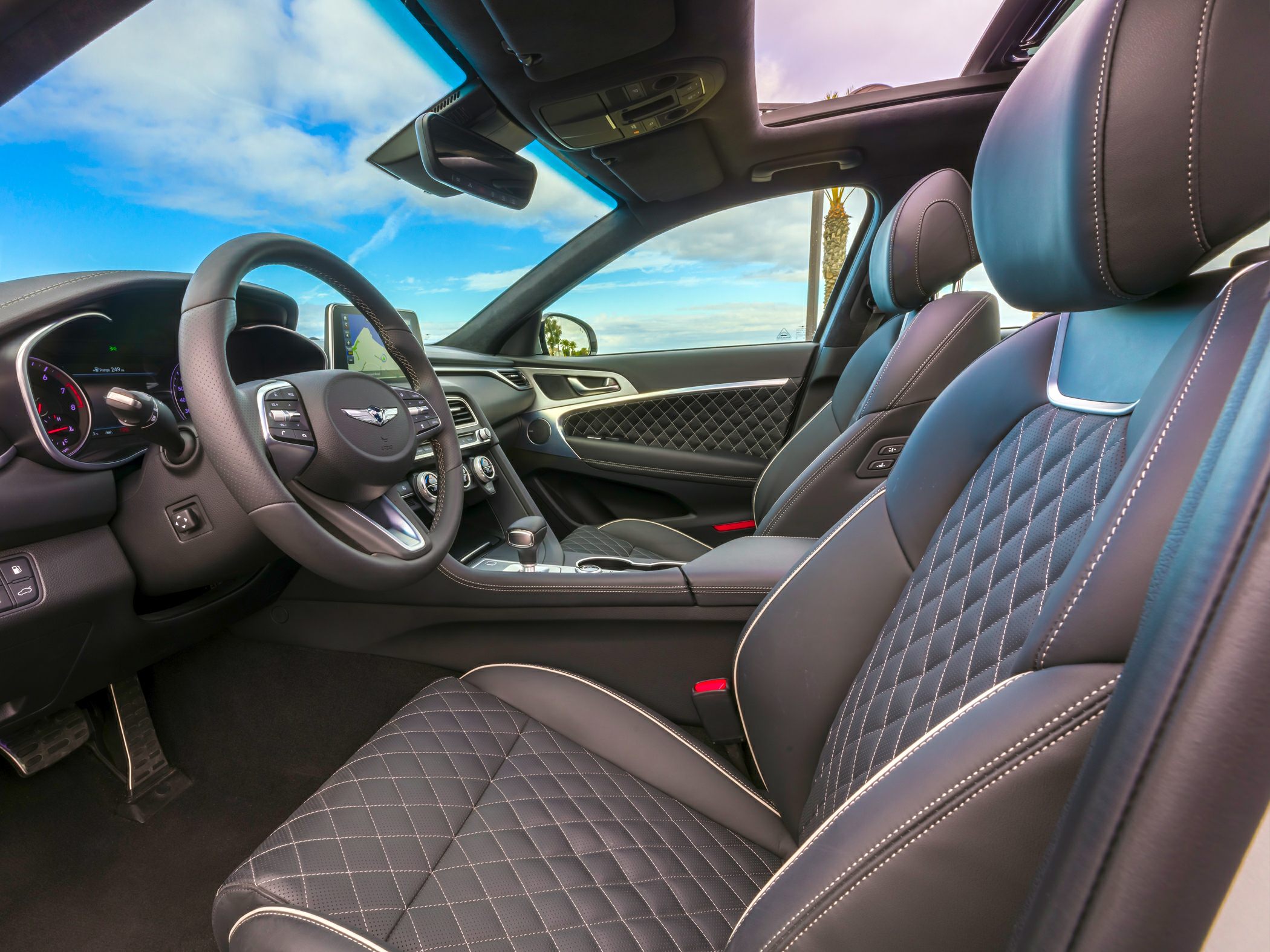 Quilted leather seats and panoramic sunroof in luxurious car interior