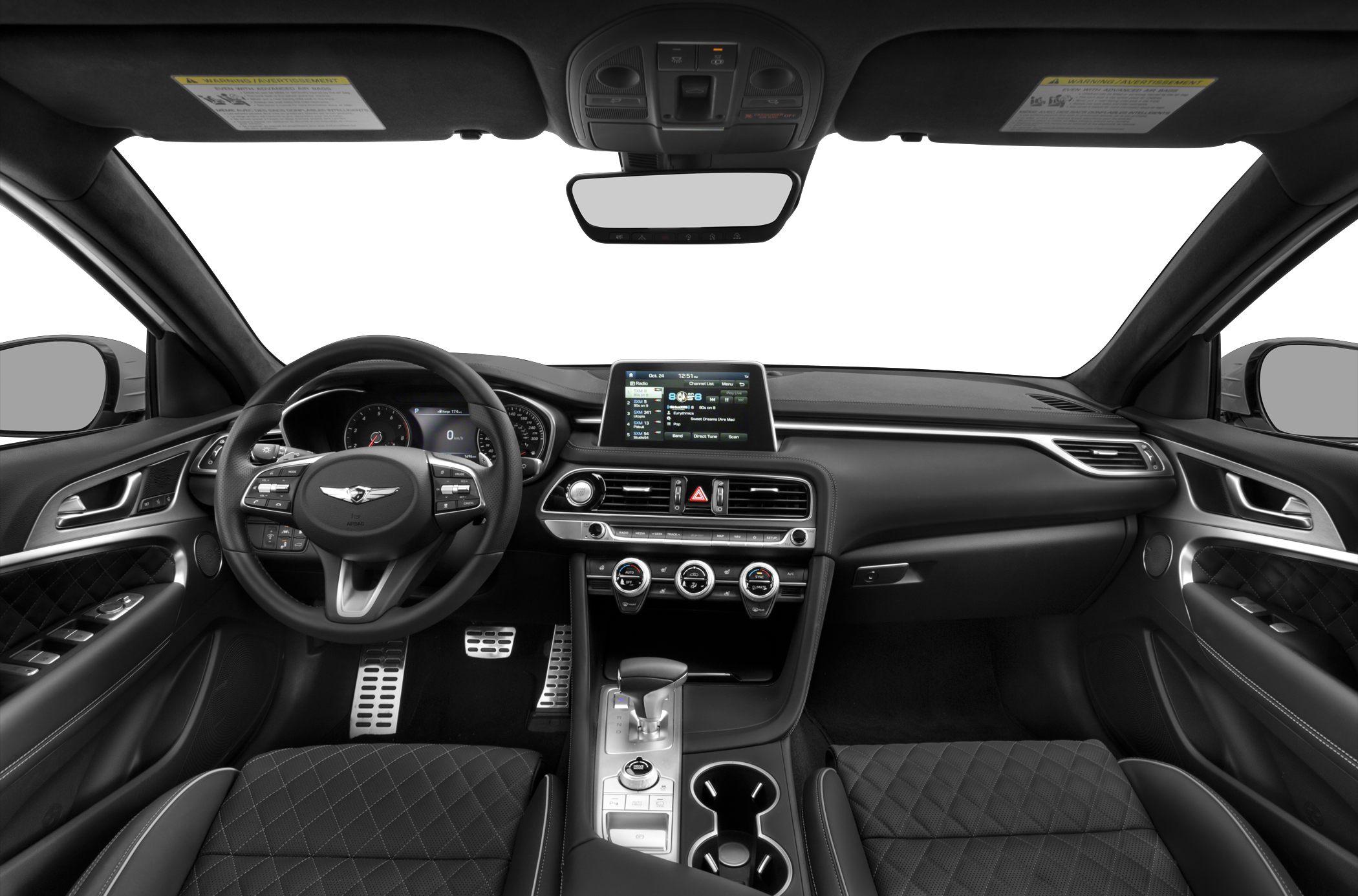 Dashboard, steering wheel, infotainment, and premium interior trim