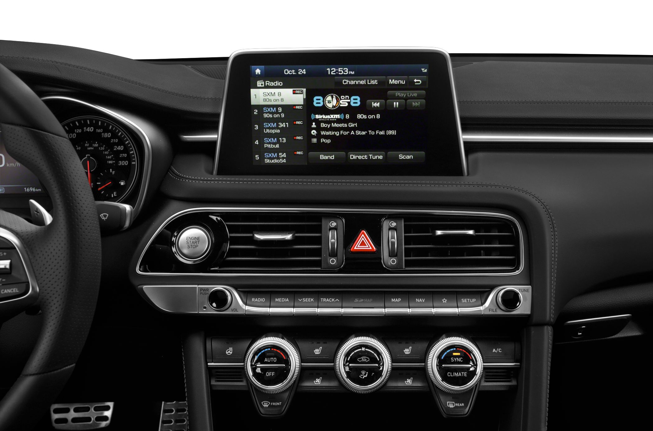 Infotainment touchscreen with climate control knobs and start-stop button