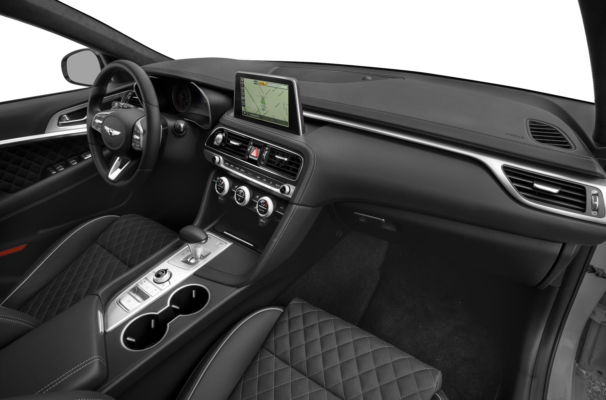 Luxury car interior with digital screen and leather quilting