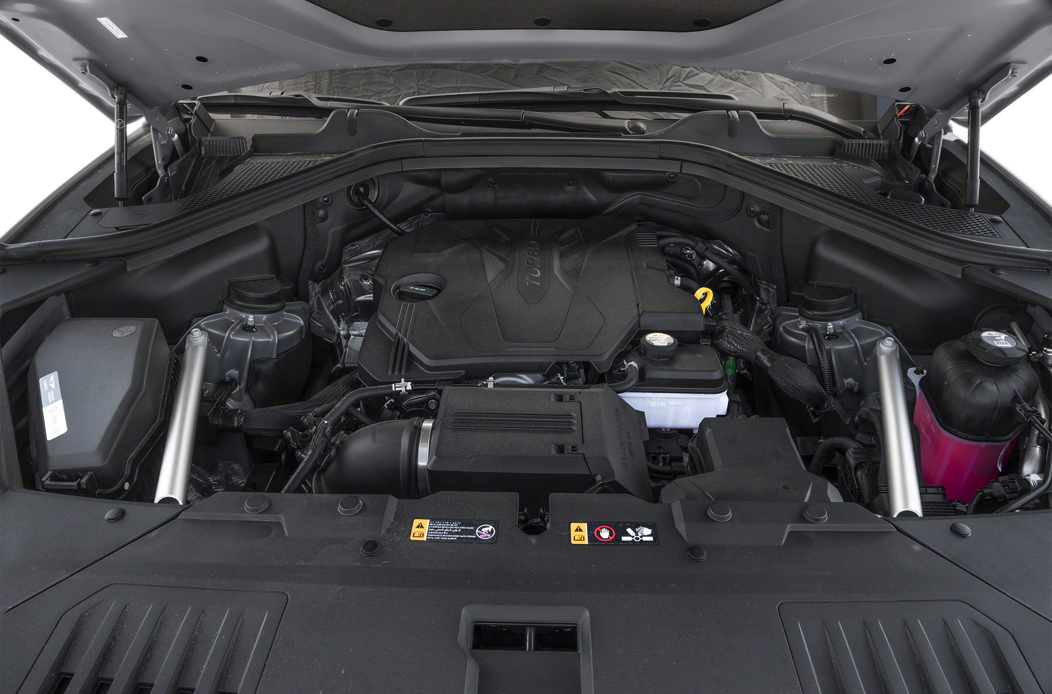 Turbocharged engine bay with structural struts and fluid reservoirs