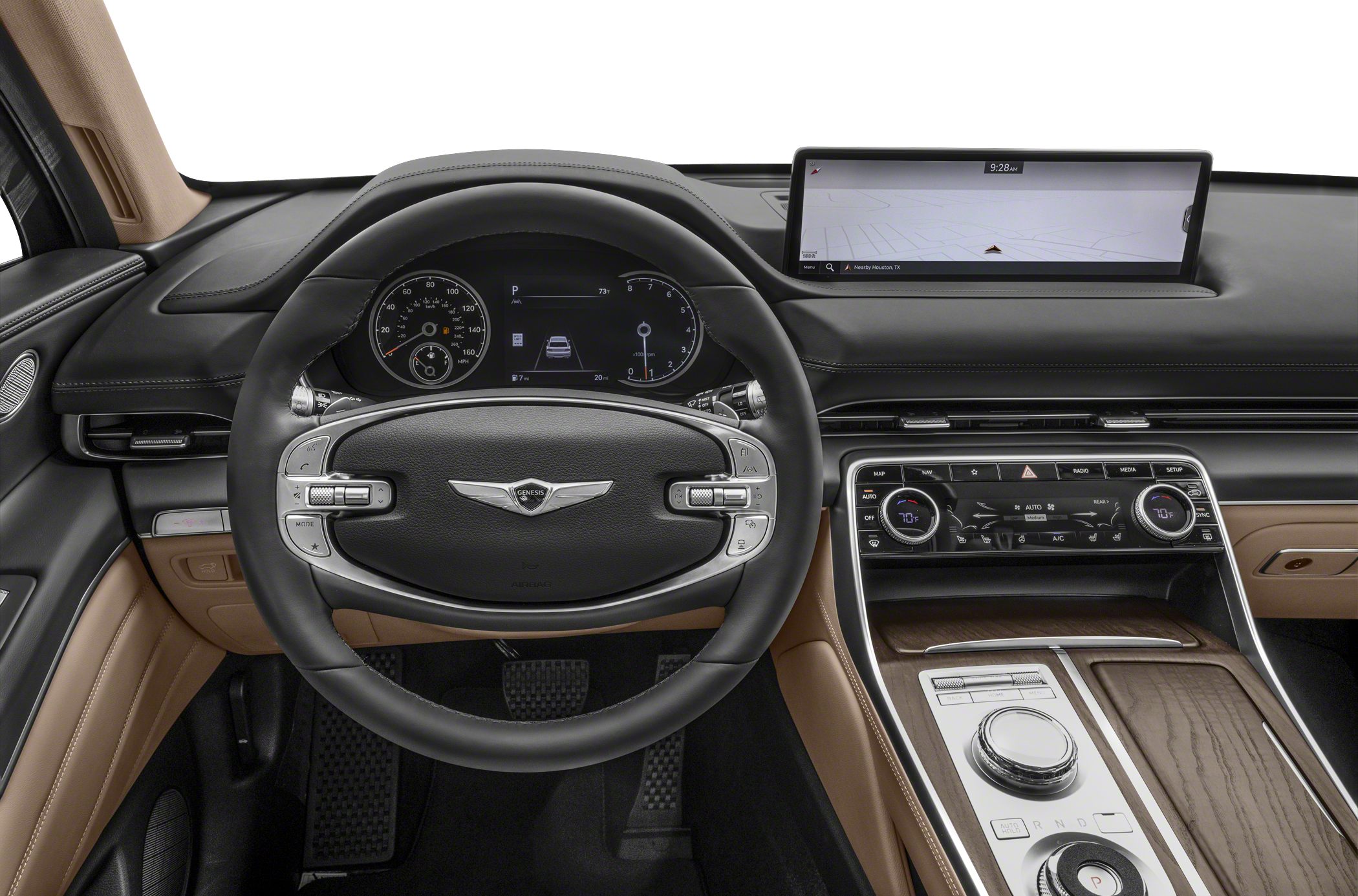 Digital dashboard, modern steering wheel, touchscreen navigation, luxury SUV interior