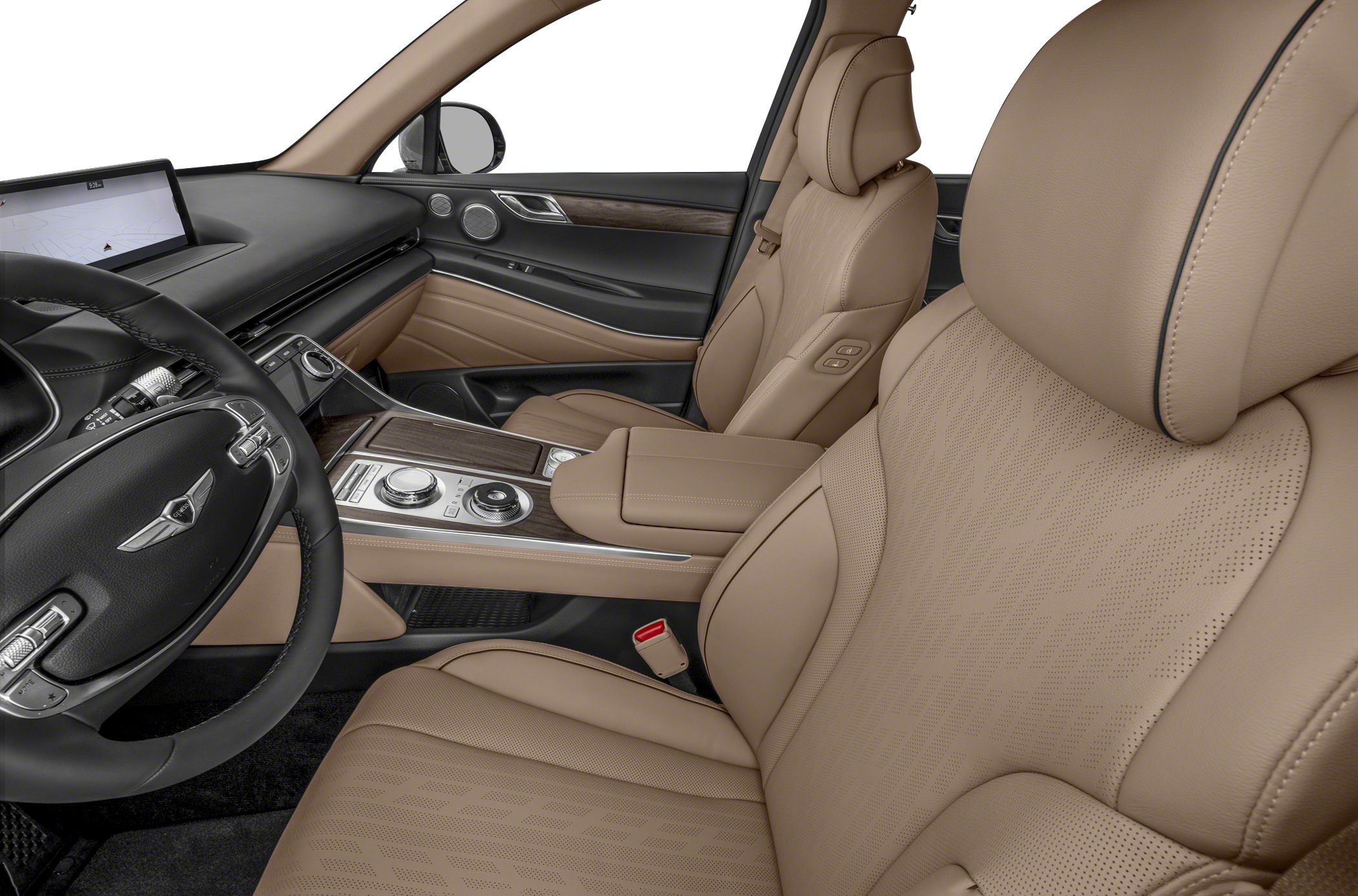 Beige leather seats, wood trim, modern dashboard with digital display