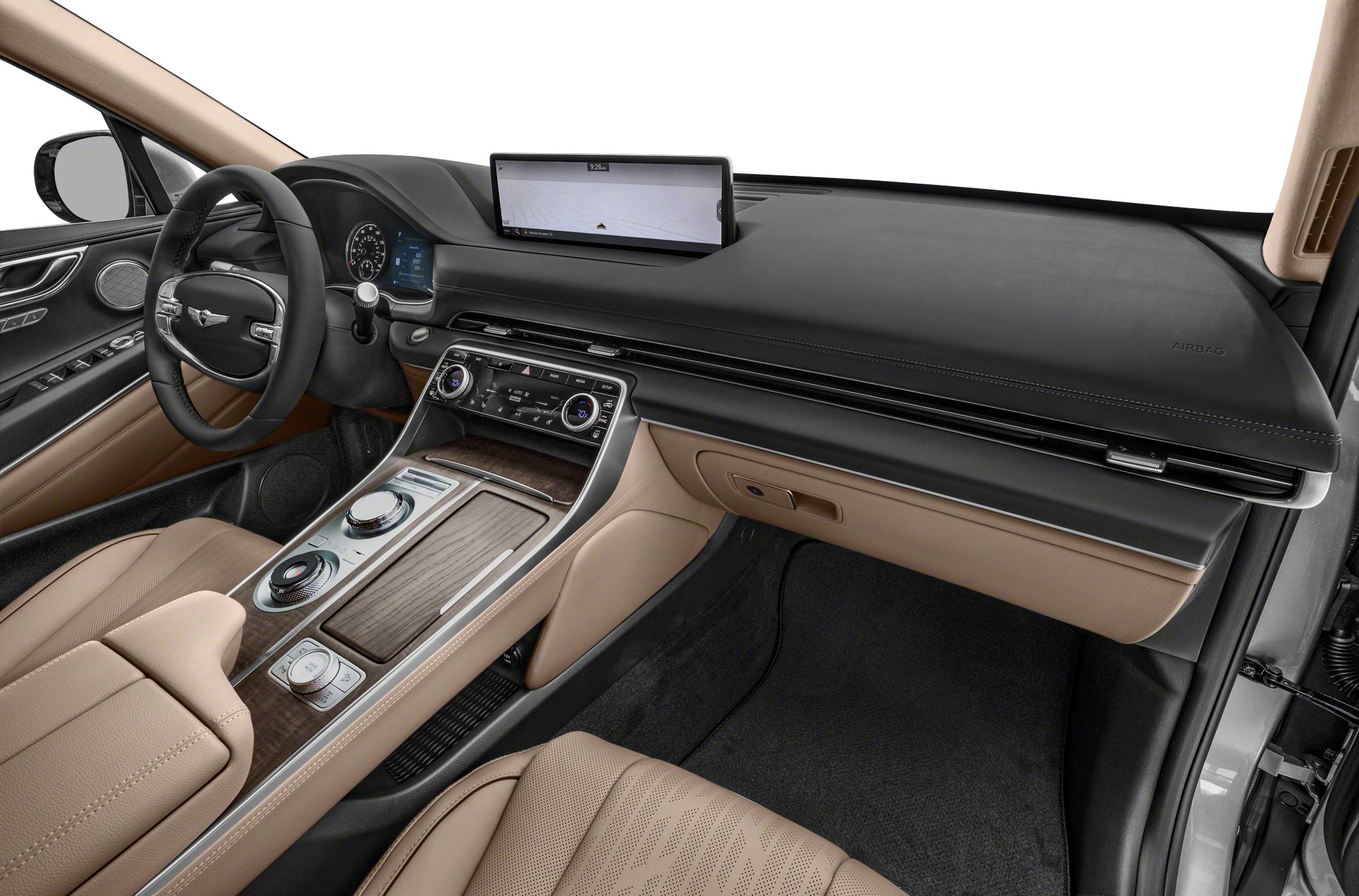Luxury tan leather interior with modern dashboard and infotainment setup.