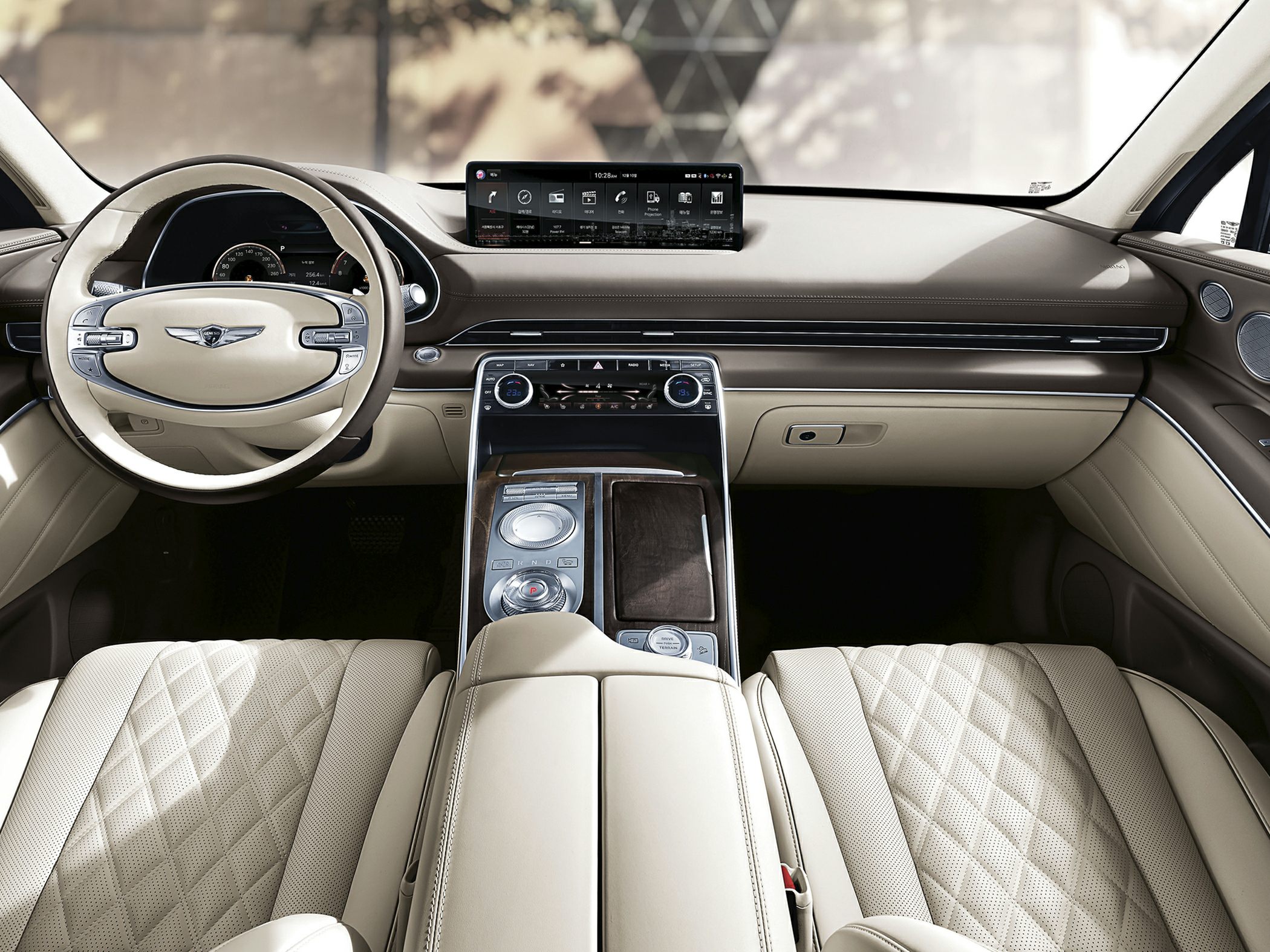 Luxury digital dashboard and beige quilted leather seats interior