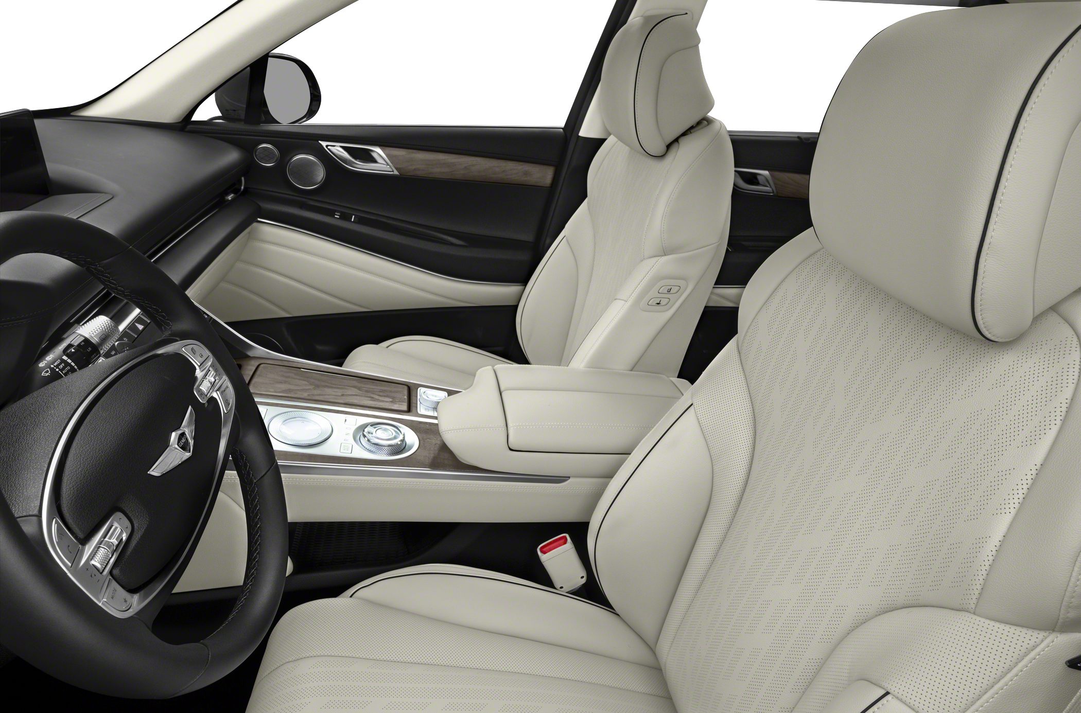 Luxury perforated leather seats and wood-trimmed dashboard detail