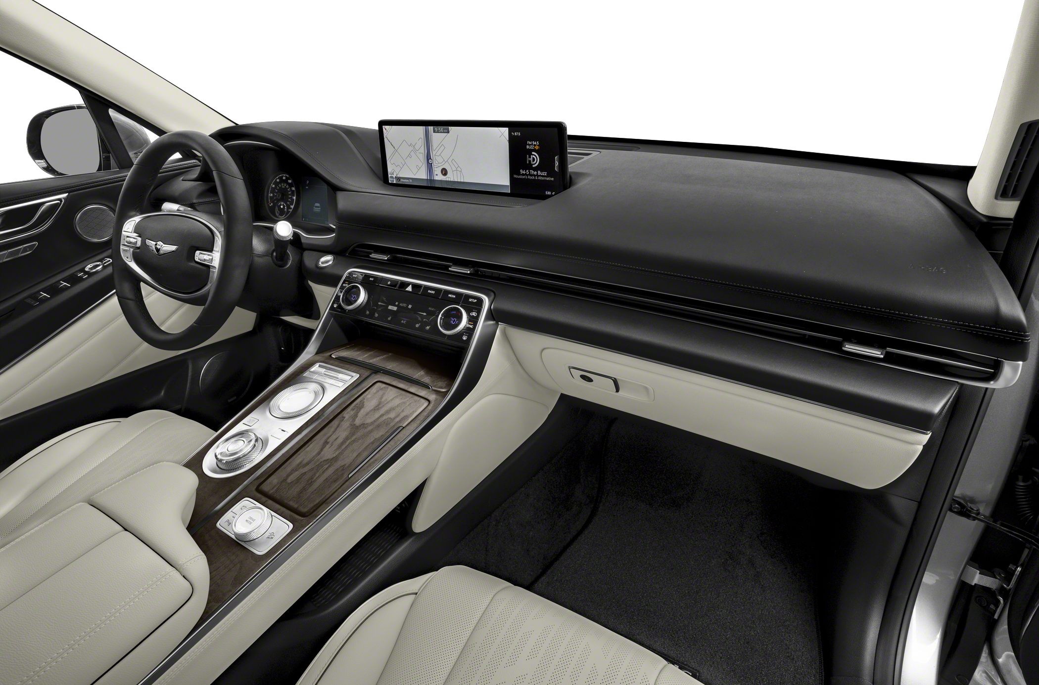 Digital touchscreen, wood trim center console, leather seats interior