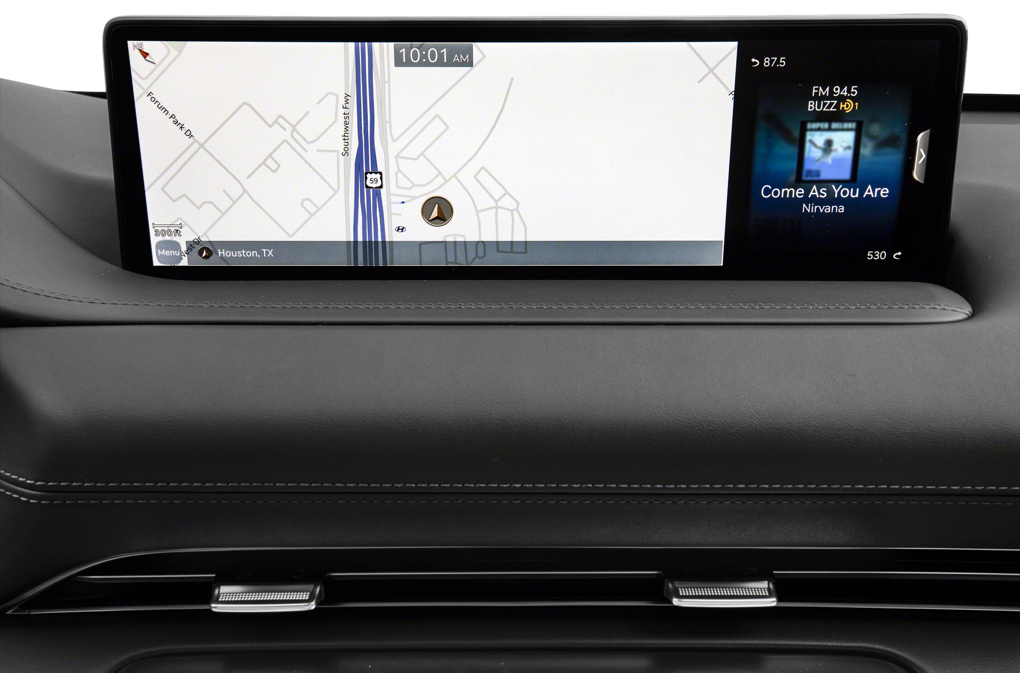 Wide digital dashboard display with navigation and music playback