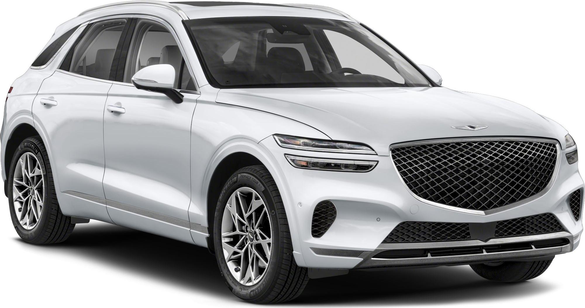 Diamond-mesh grille and split headlights on a luxury SUV front side view