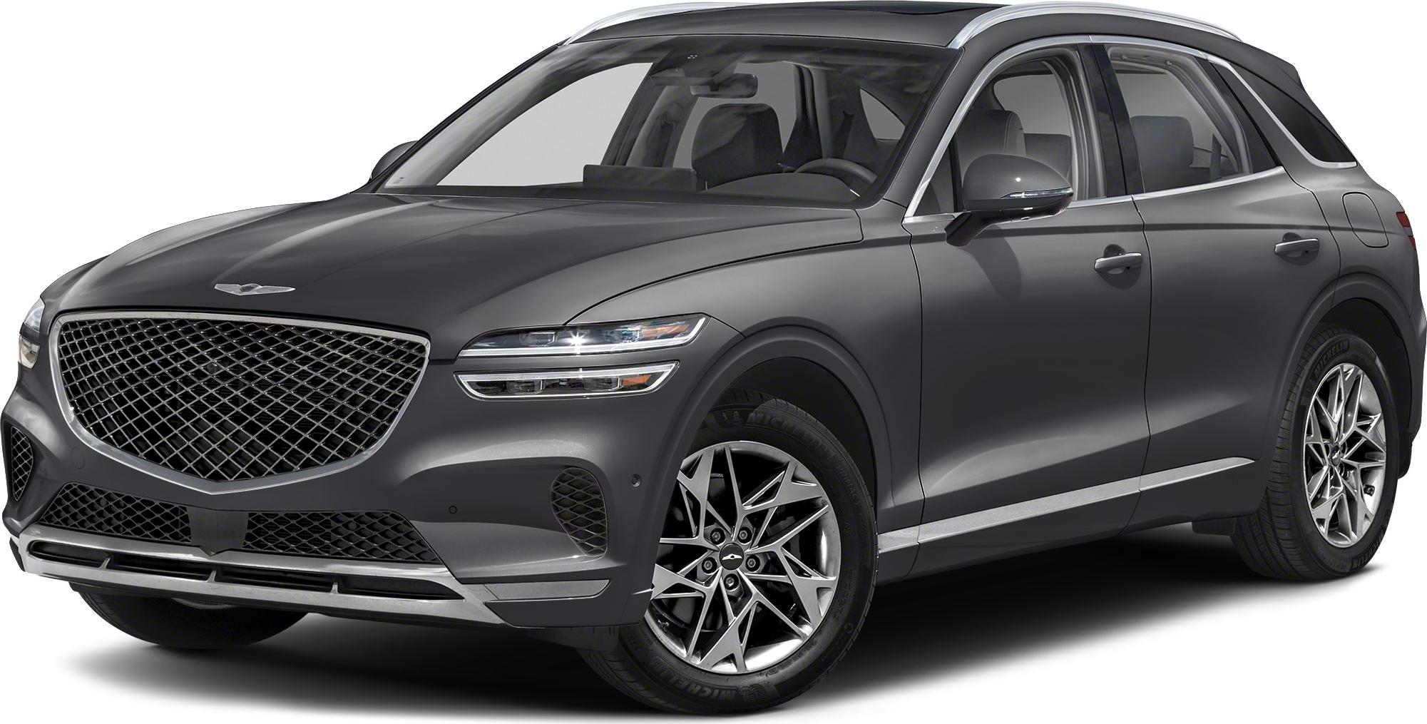 Front view of sleek SUV with large mesh grille and split LED headlights