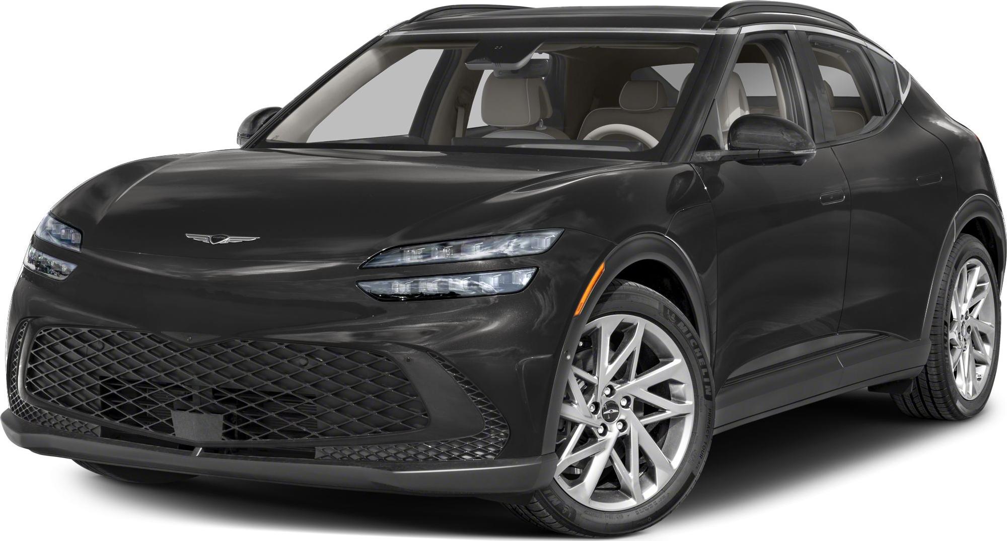 Front view of electric SUV with modern double LED headlights and large mesh grille