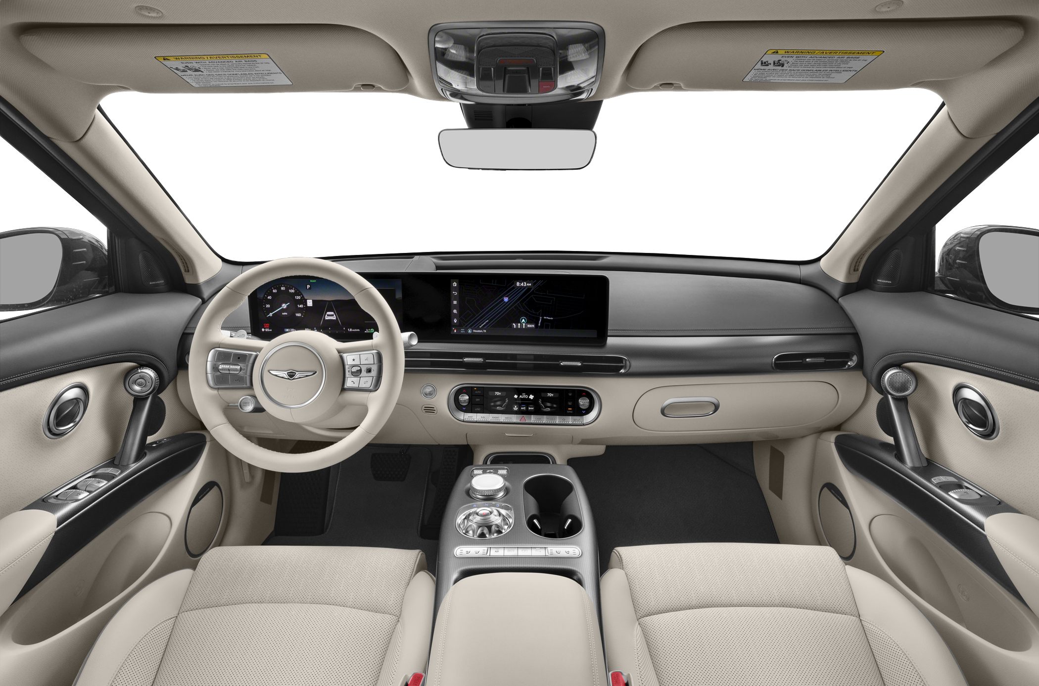 Dual digital displays with beige leather seats and modern center console.