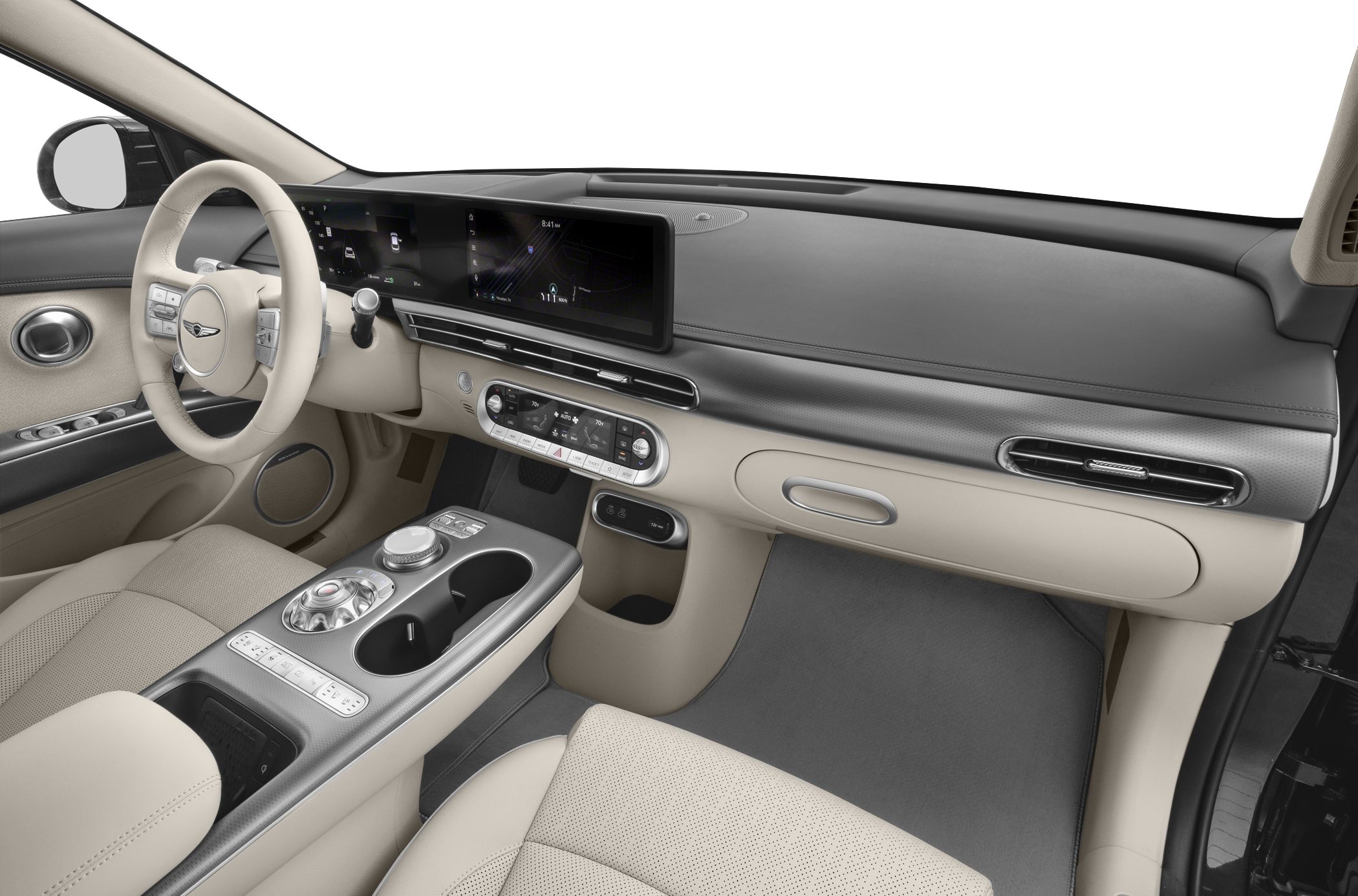 Digital dashboard and rotary gear selector in luxury electric vehicle interior