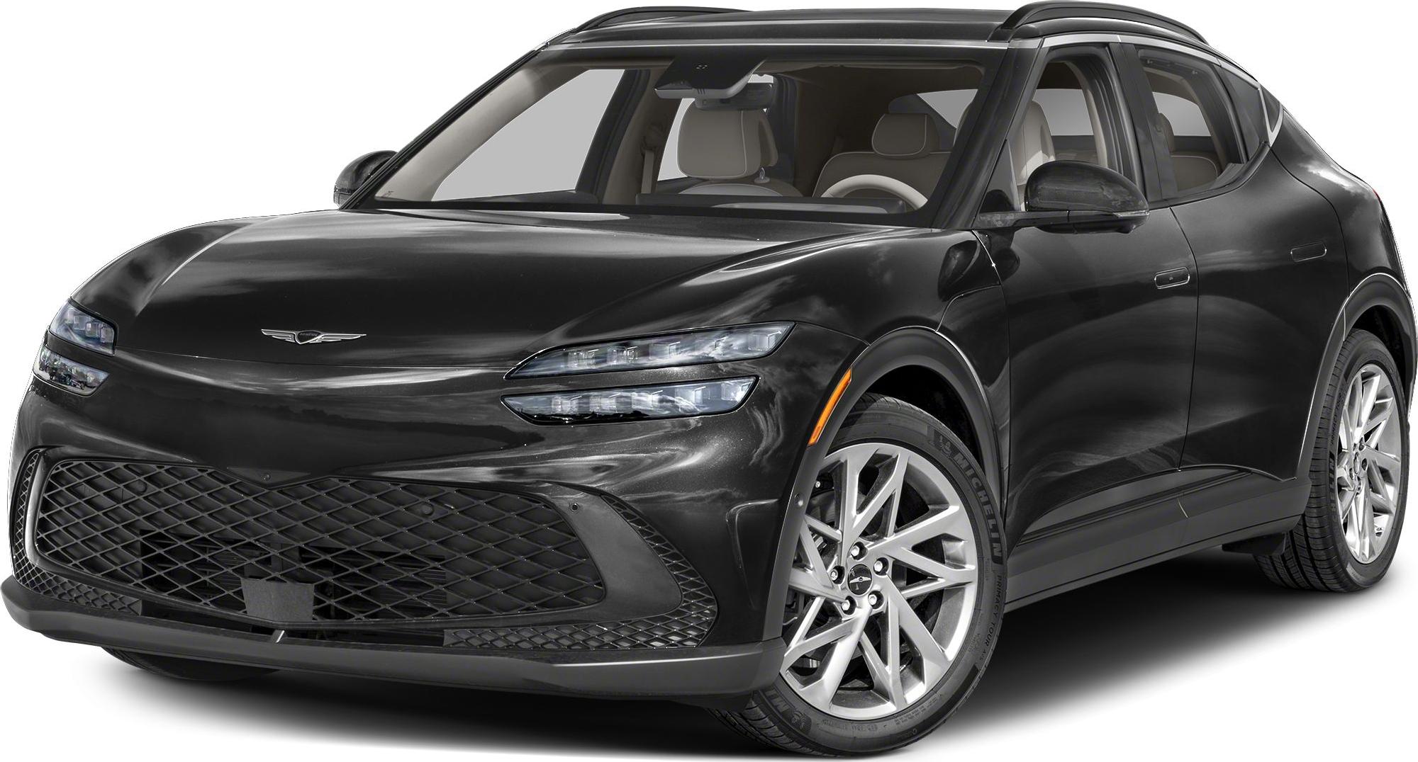 Sleek electric SUV front with modern LED headlights and aerodynamic grille