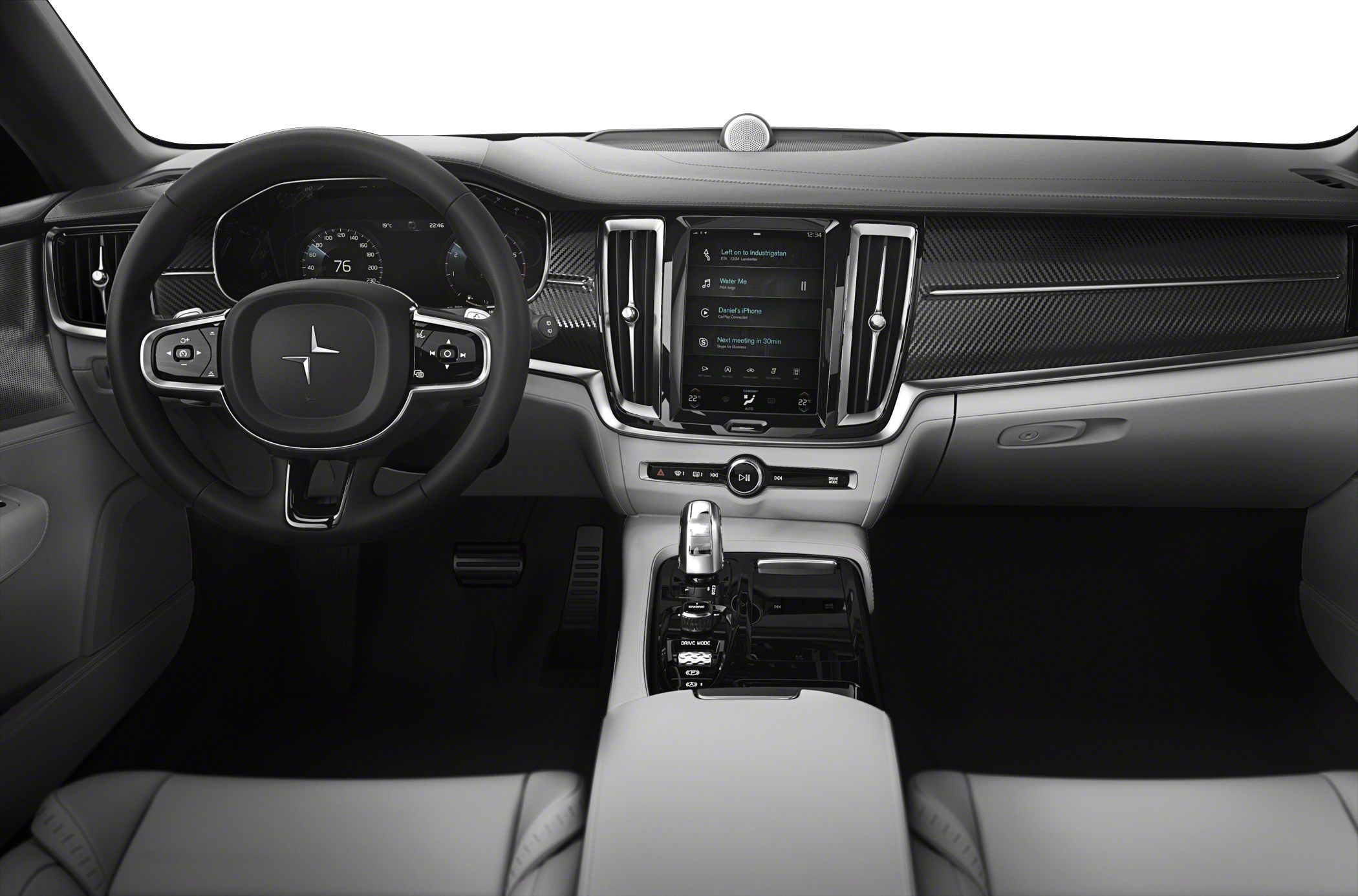 Luxury car interior with carbon fiber trim and touchscreen control panel