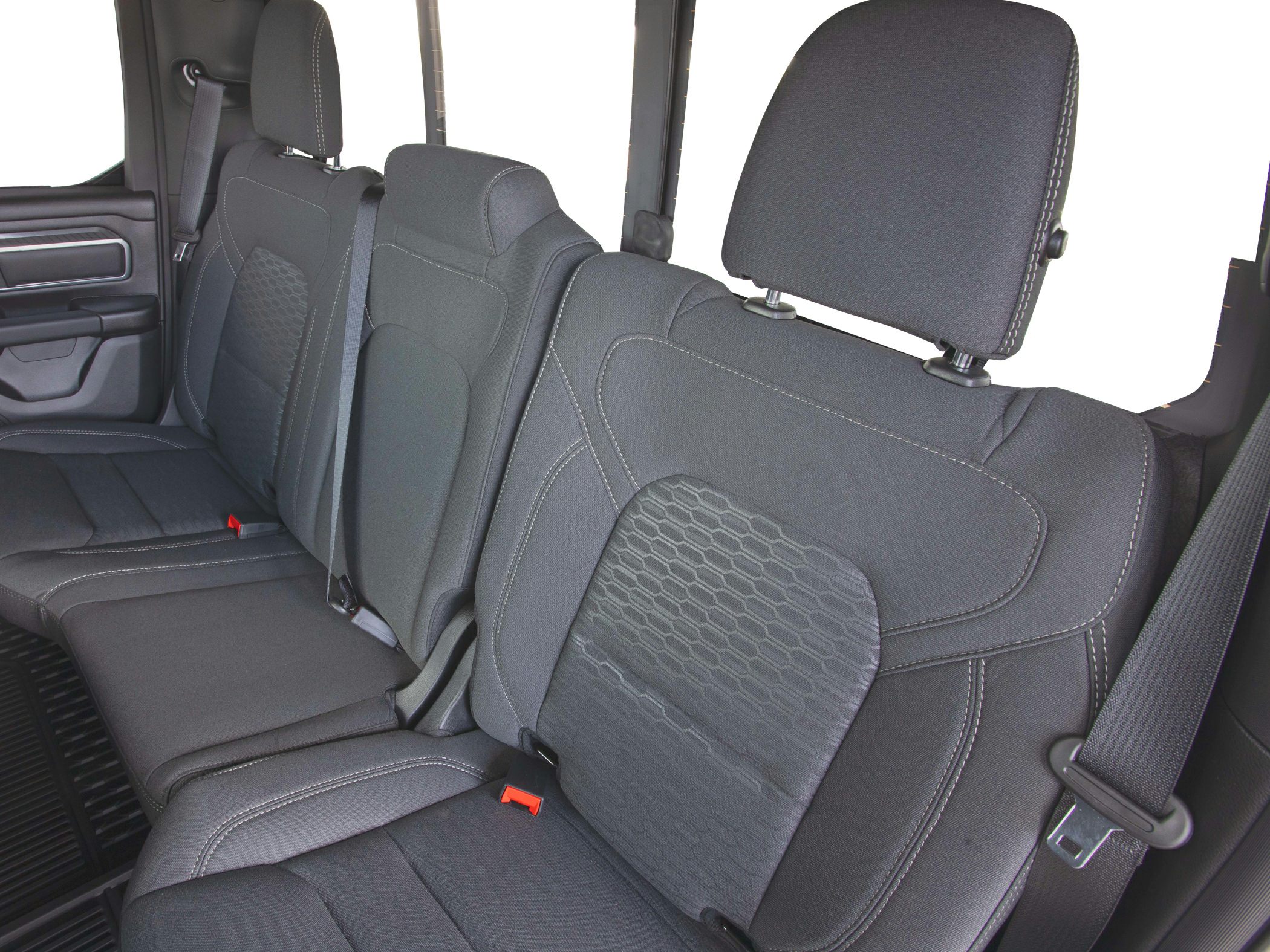 Rear seats with black fabric upholstery and seat belts