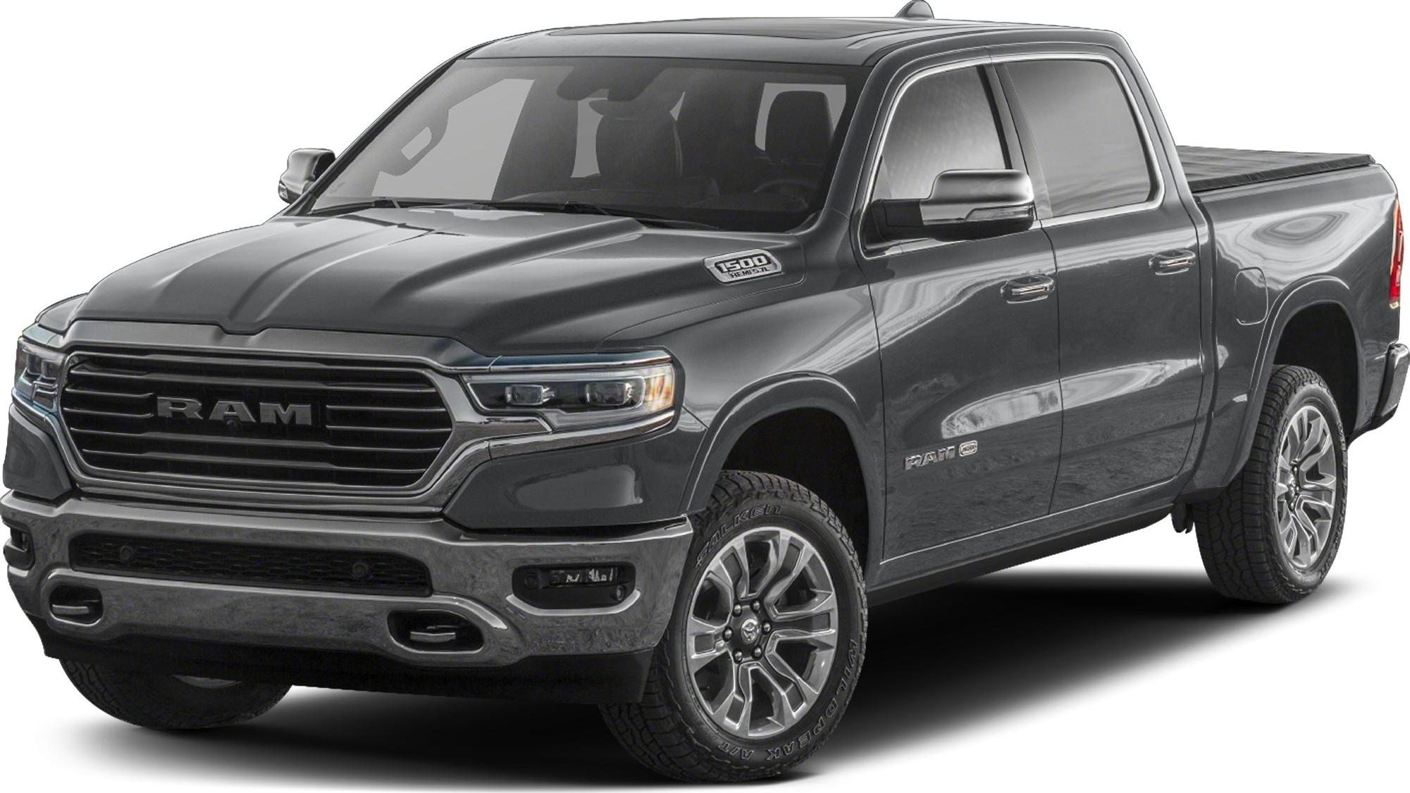 Pickup truck front three-quarter view with crew cab and long bed