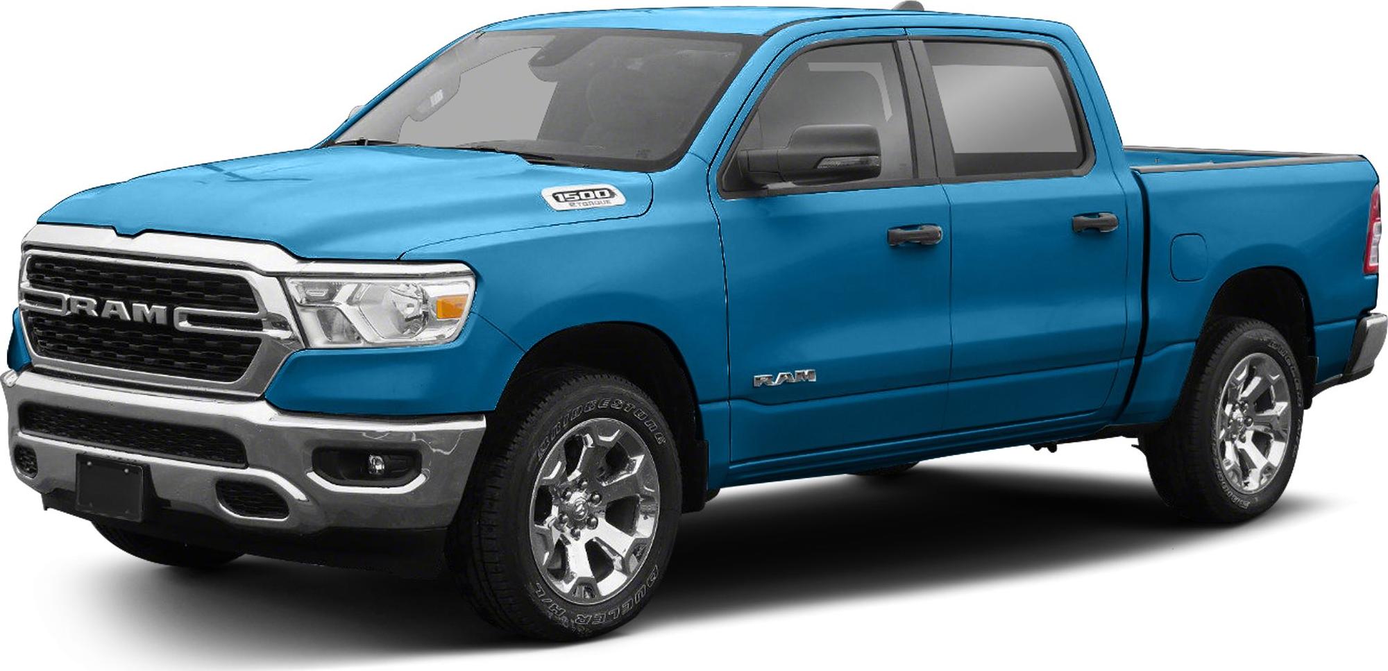 Blue heavy-duty pickup truck with crew cab and chrome front grill