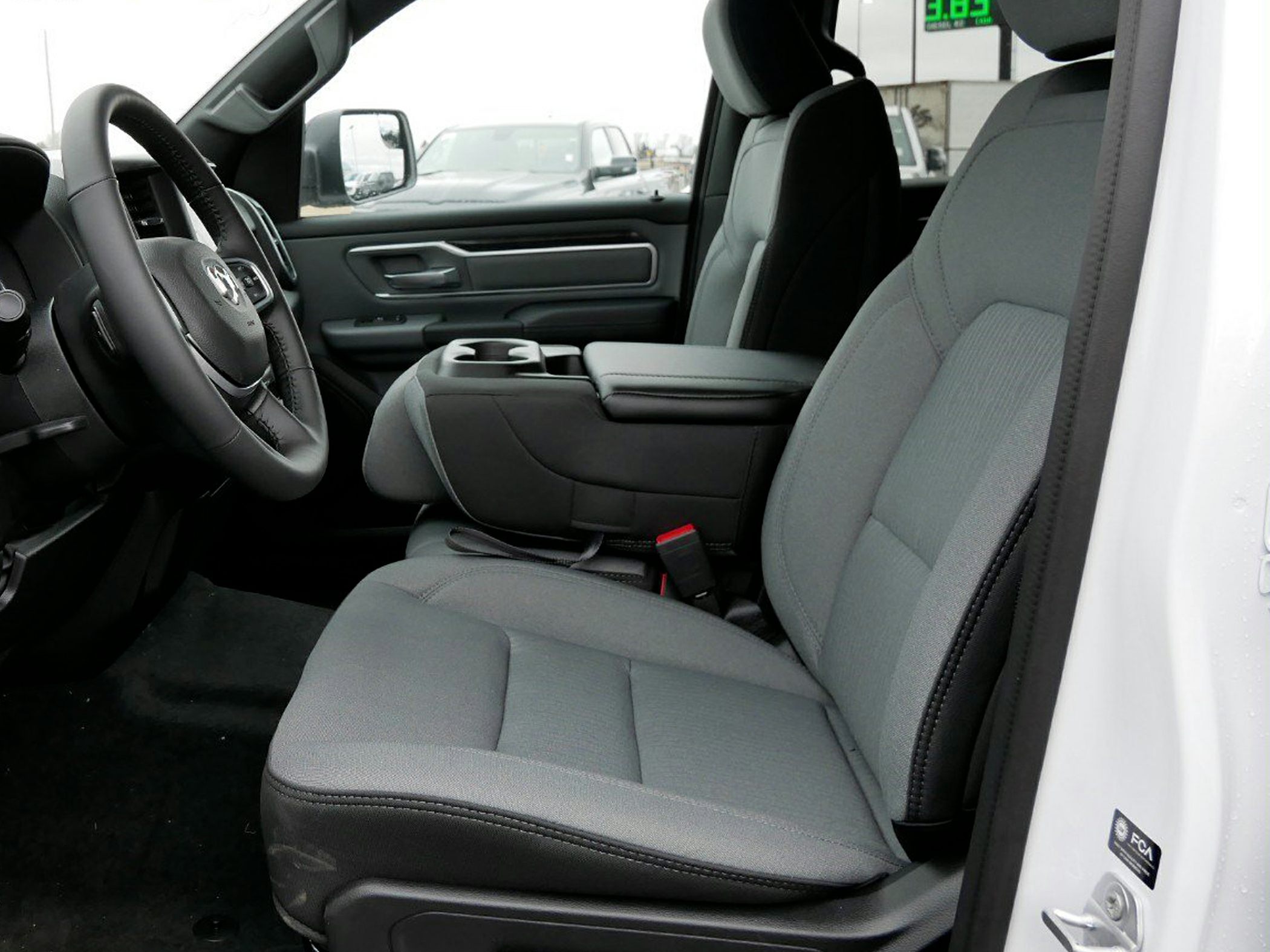 Front seats and center console interior of a vehicle