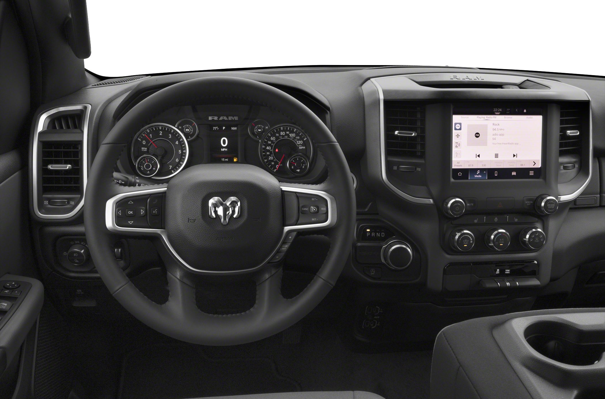 Dashboard and steering wheel with digital display and touchscreen infotainment