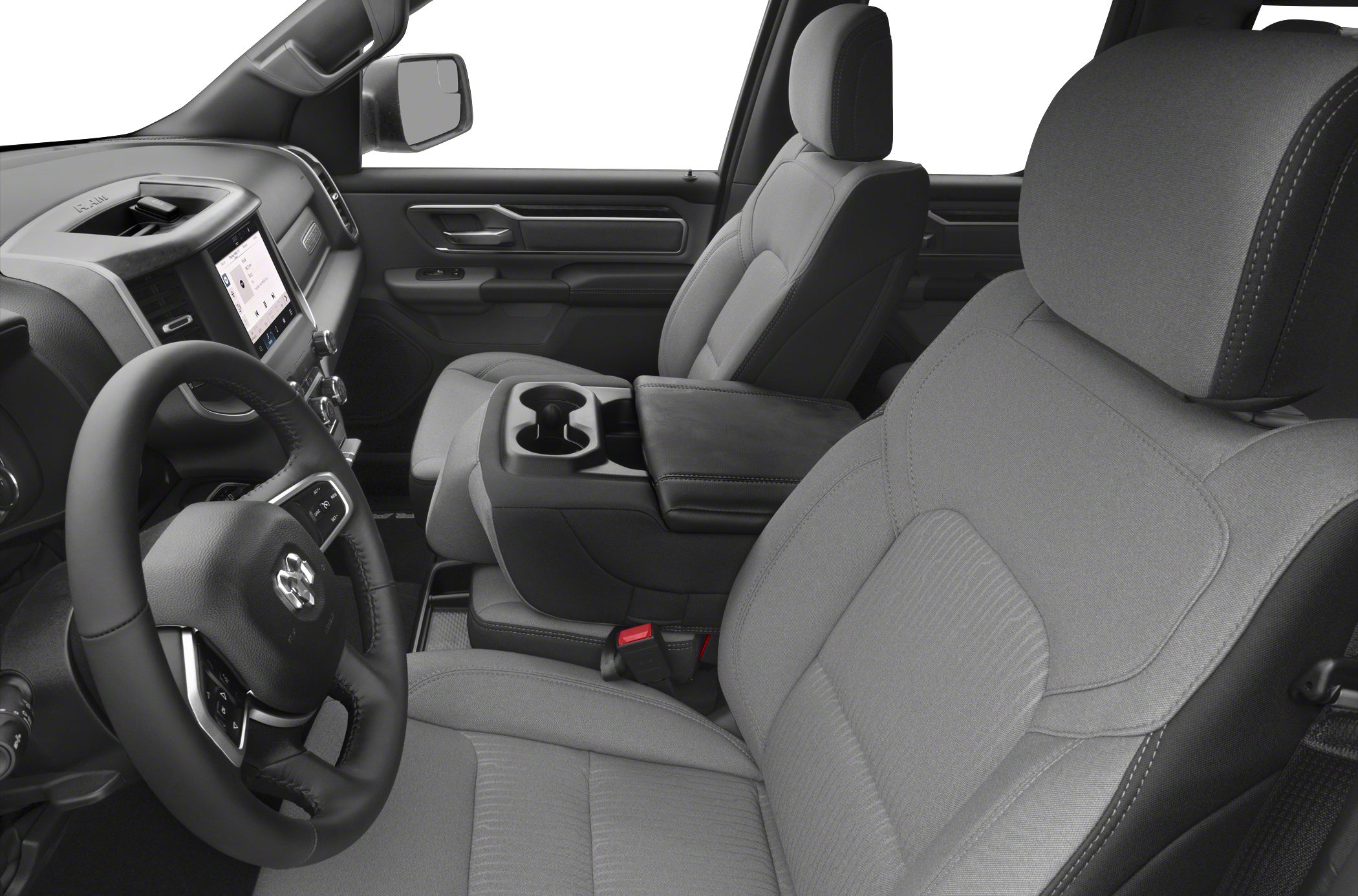 Front seats and center armrest with cup holders in truck interior