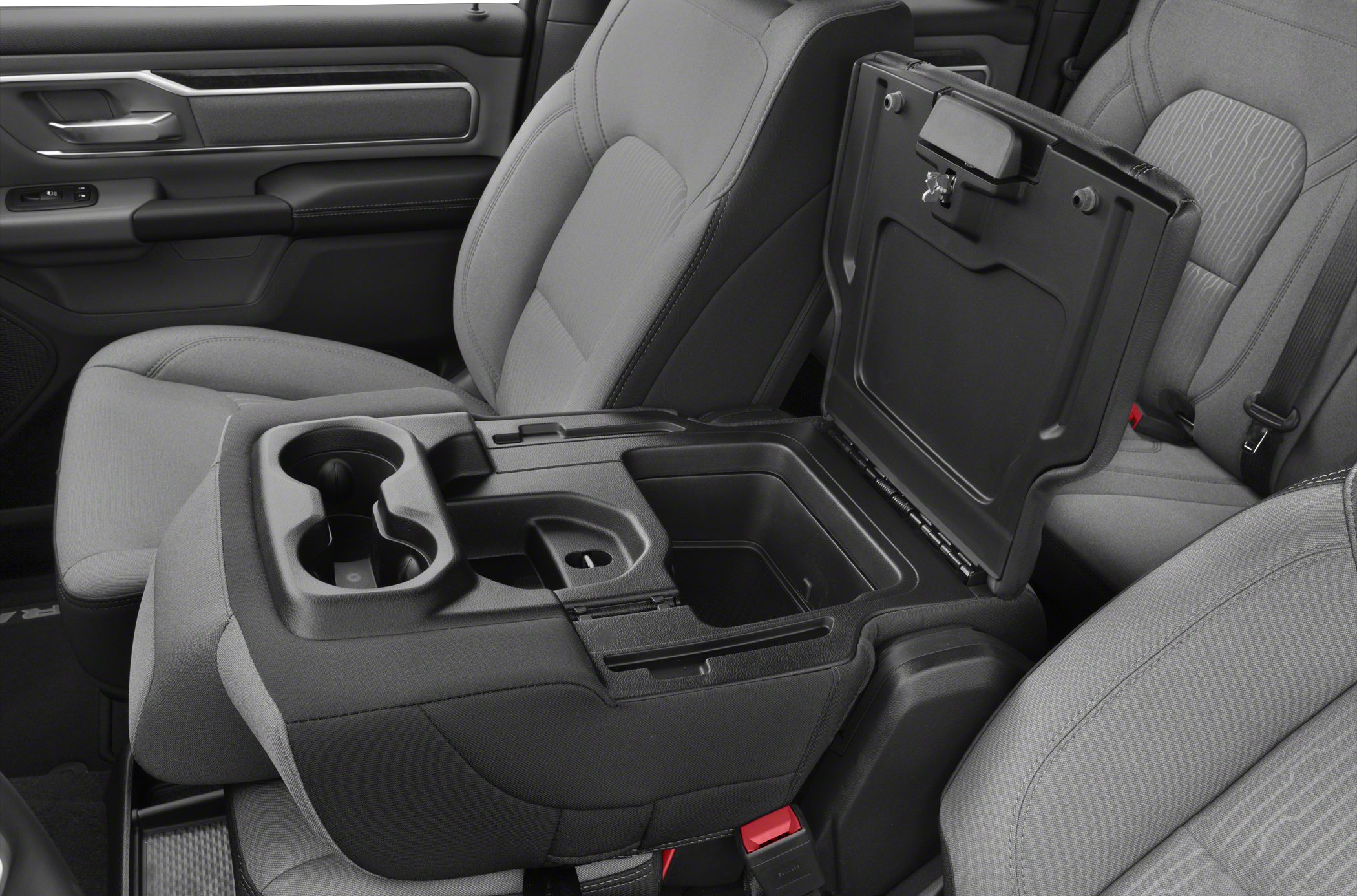 Front center console with cup holders and storage compartment