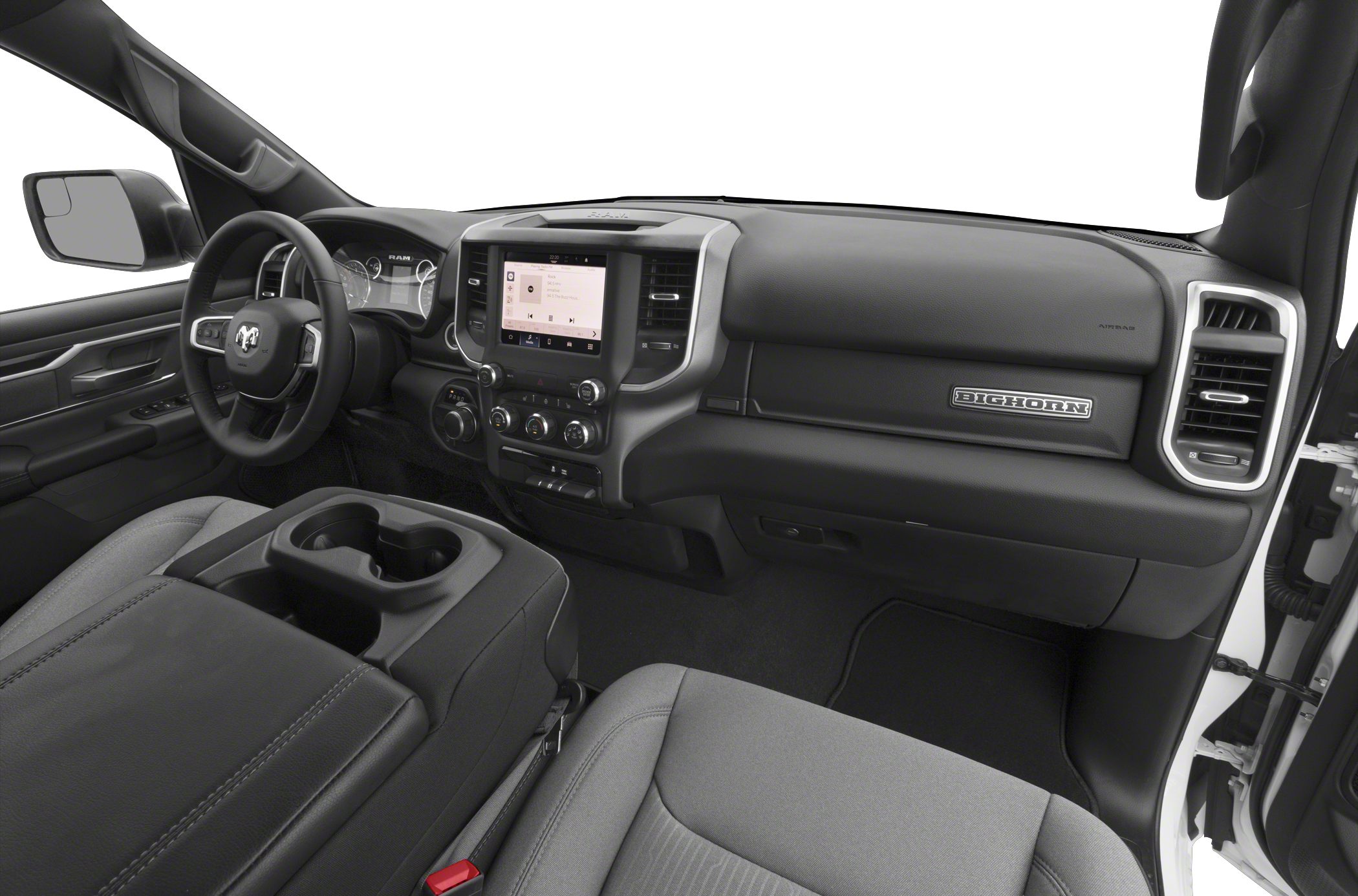 Pickup interior dashboard with touchscreen and center console cup holders