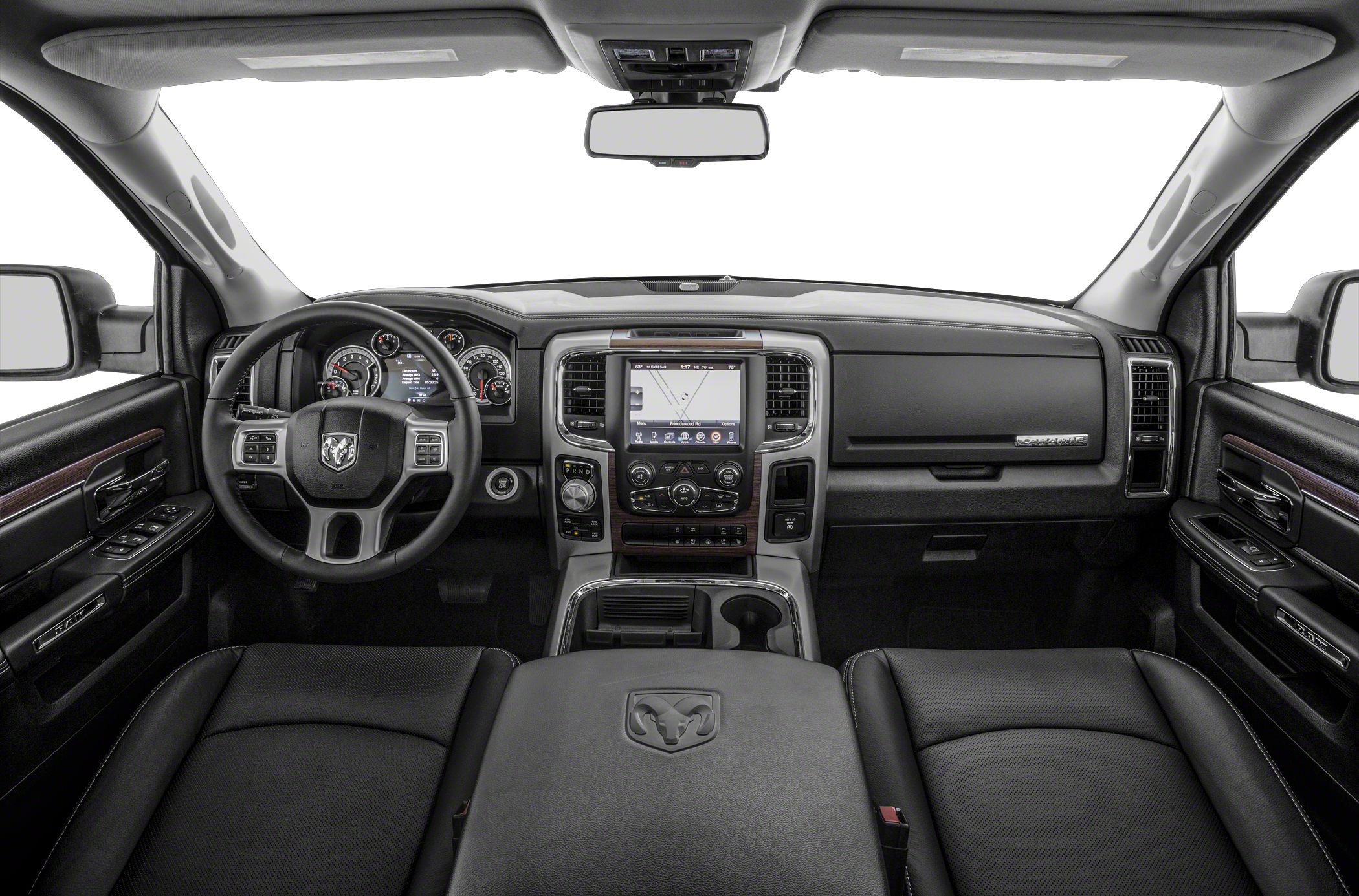 Steering wheel and dashboard with navigation screen and controls