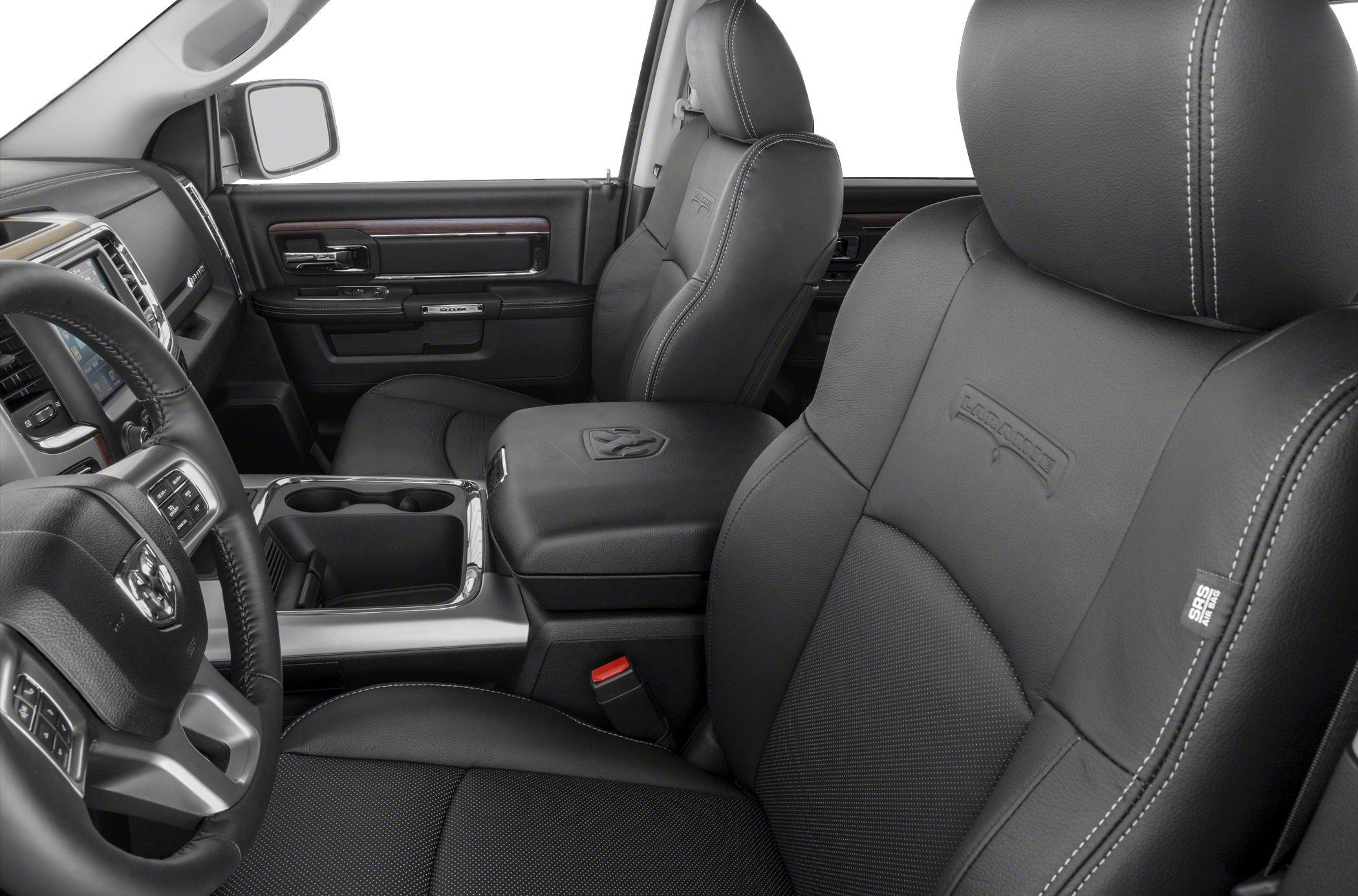 Black leather seats with detailed stitching and center console