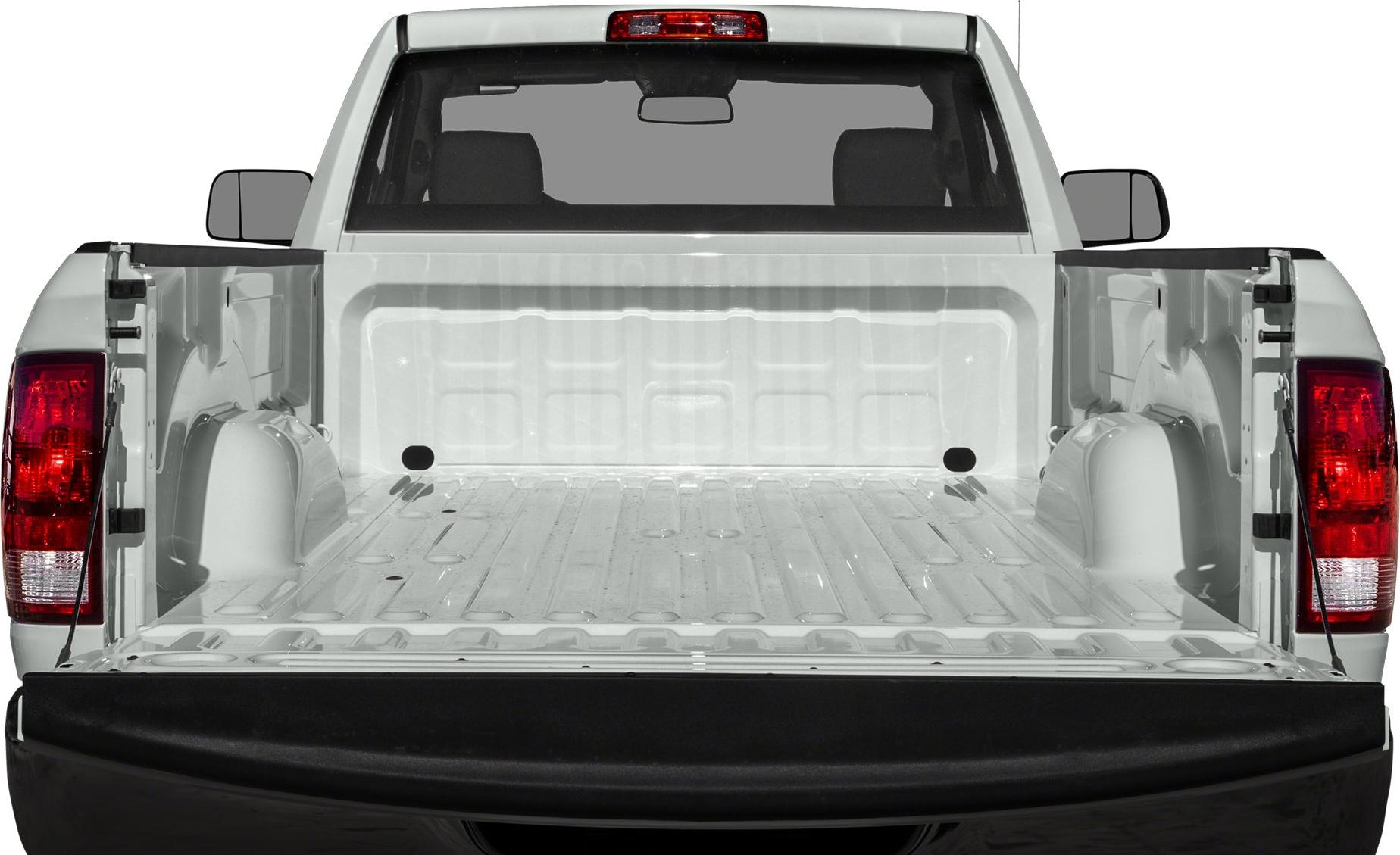 Open cargo bed and tailgate of a pickup truck, rear view