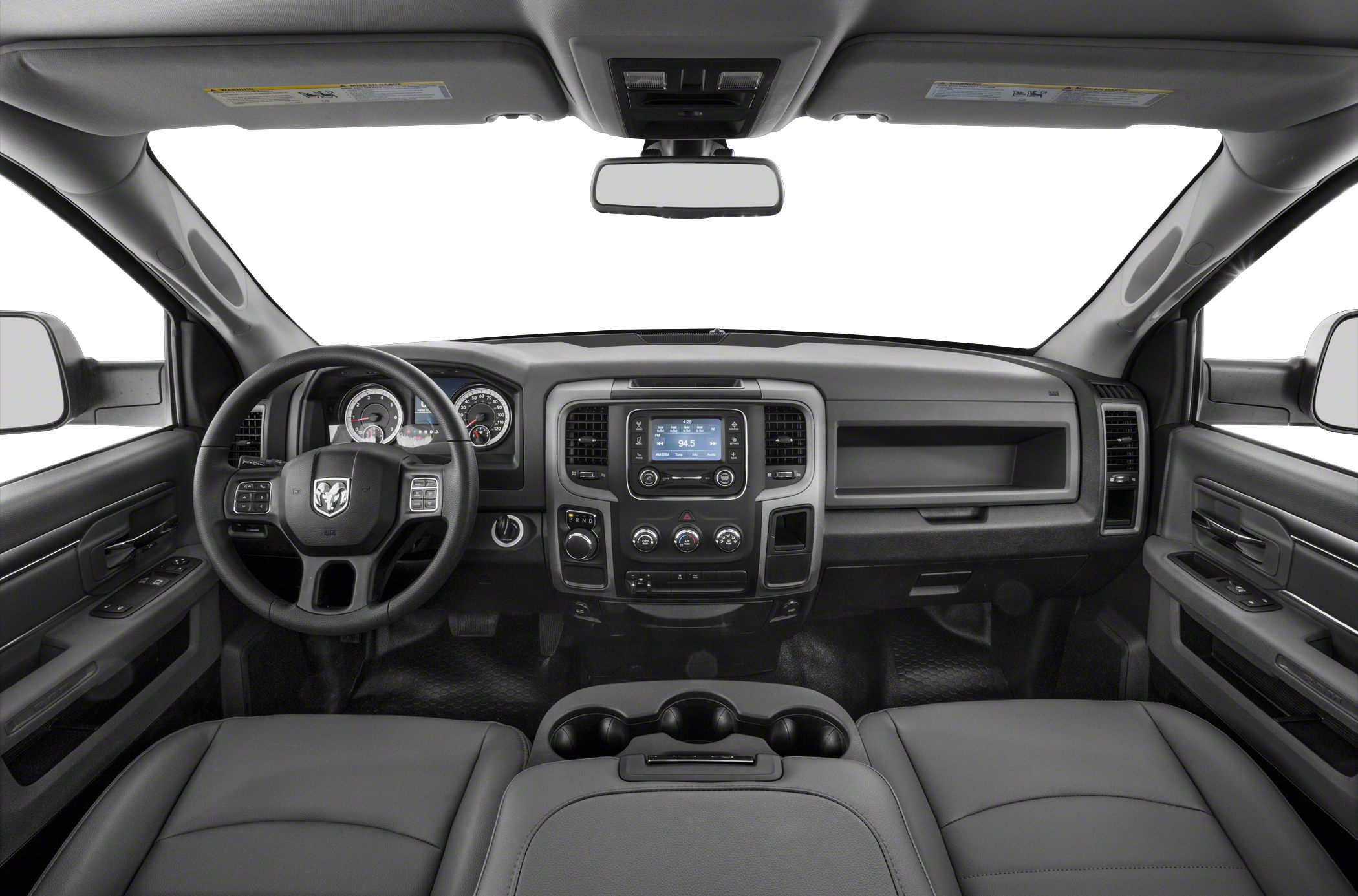 Steering wheel and dashboard with instrument cluster and center console.