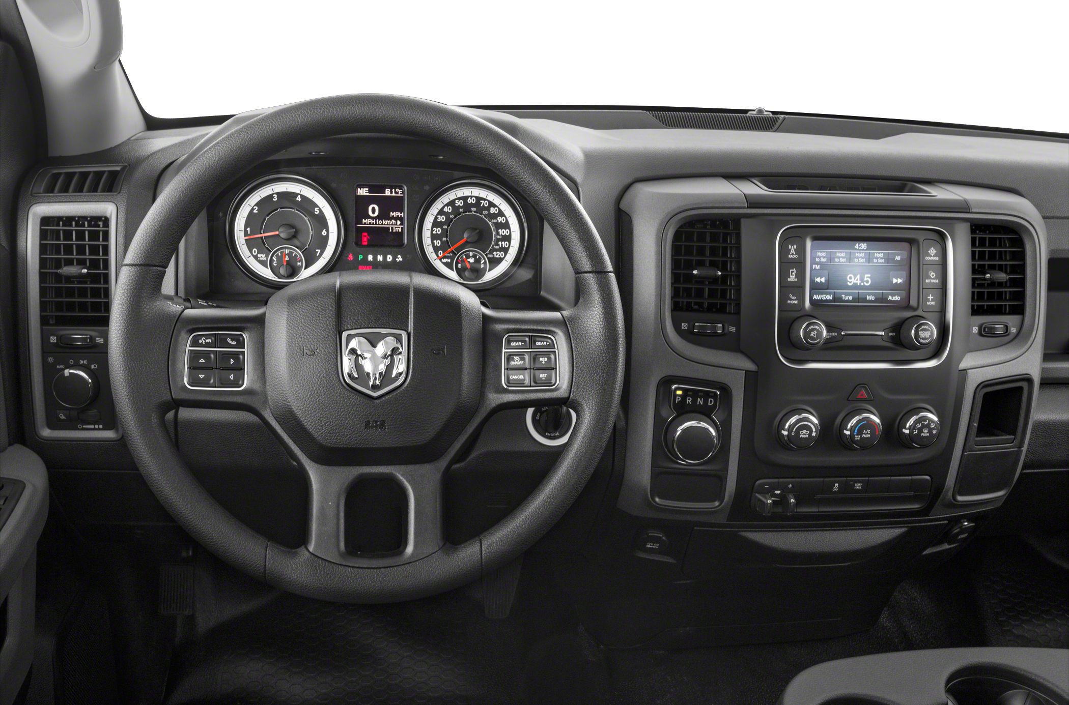 Steering wheel, dashboard with gauge cluster and infotainment system