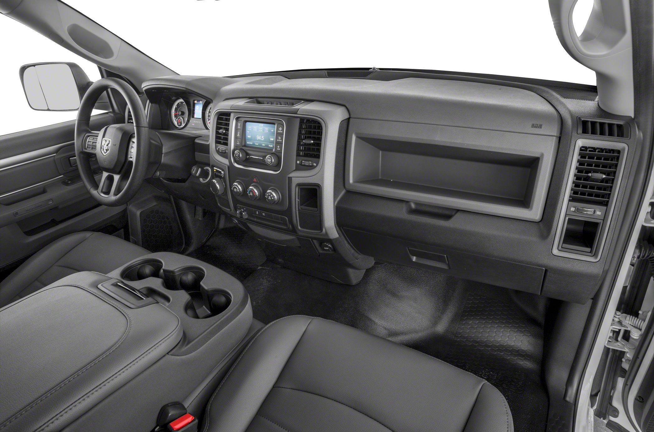 Dashboard and center console with steering wheel and seats