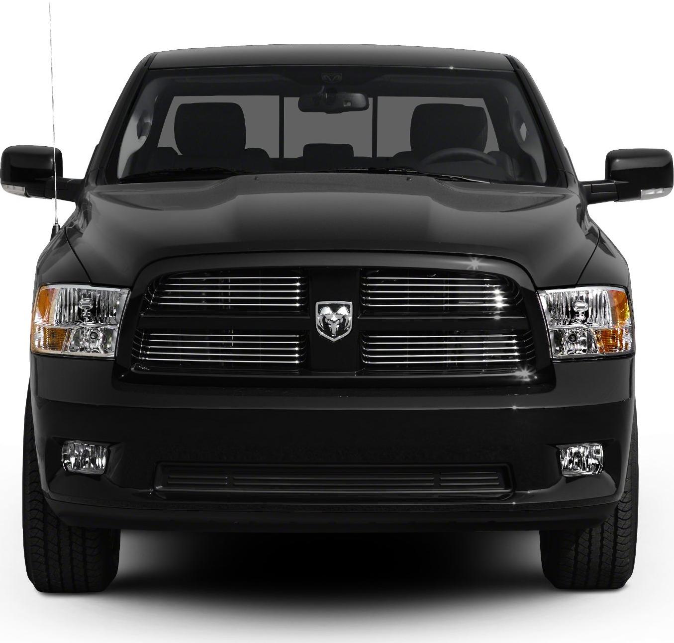 Front grille and headlights of a black pickup truck