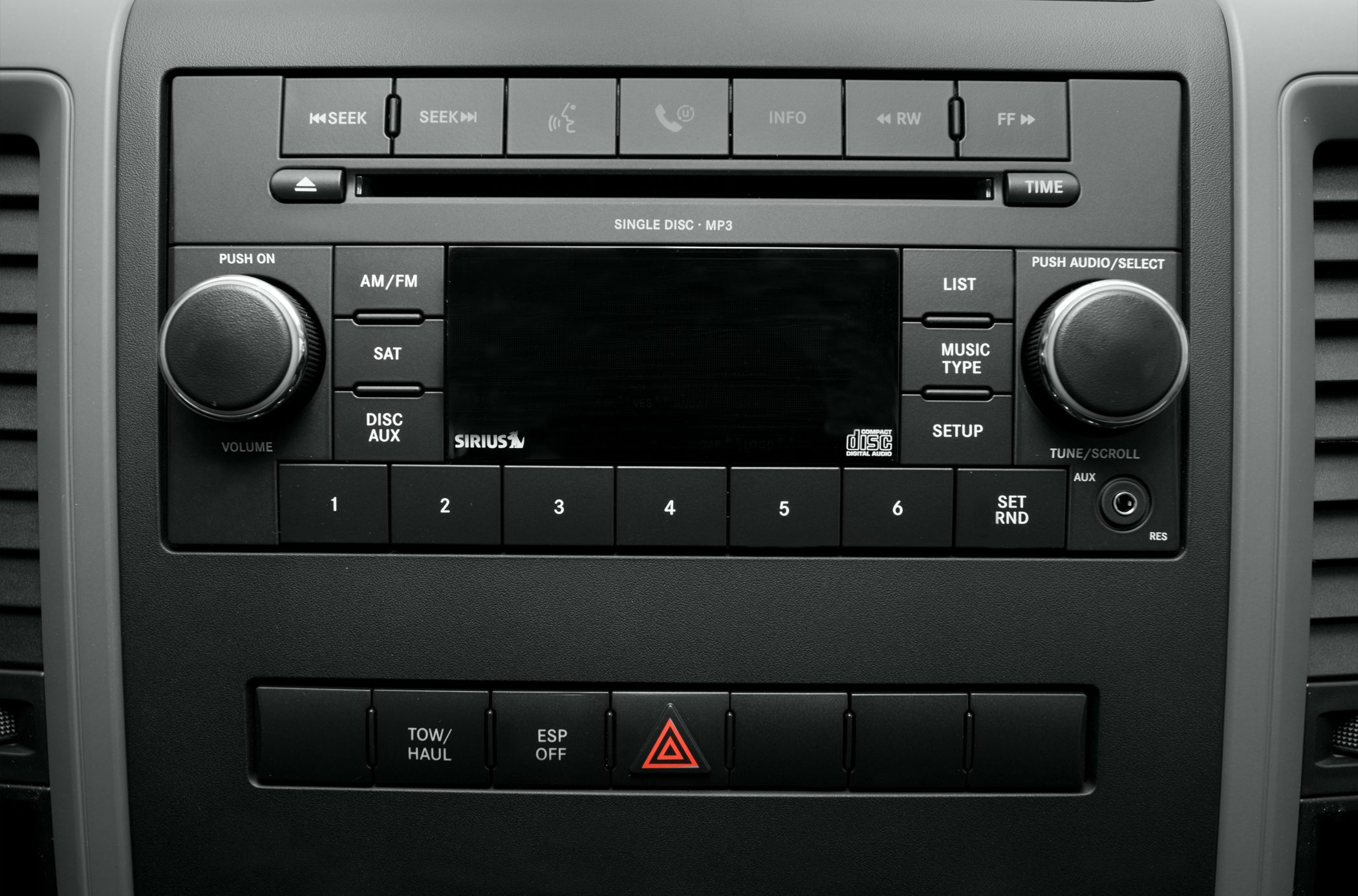 Single disc MP3 stereo with Sirius, AUX input, volume and tuning knobs