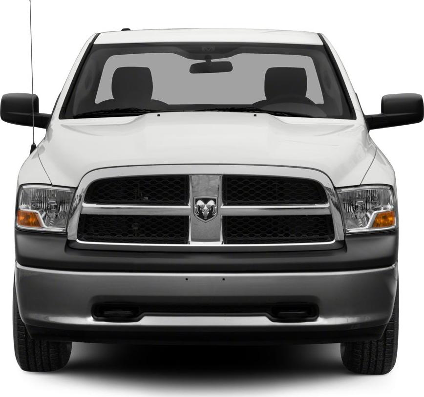 Close-up front view of pickup's grille and headlights