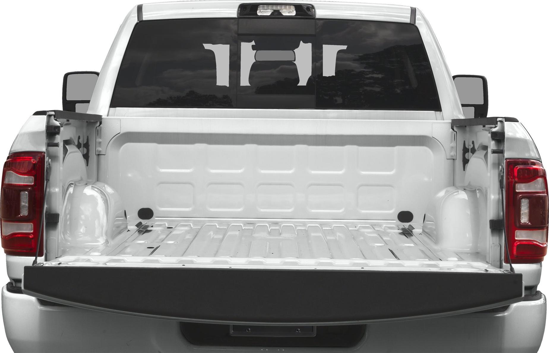 Open pickup bed and tailgate with visible rear window and taillights