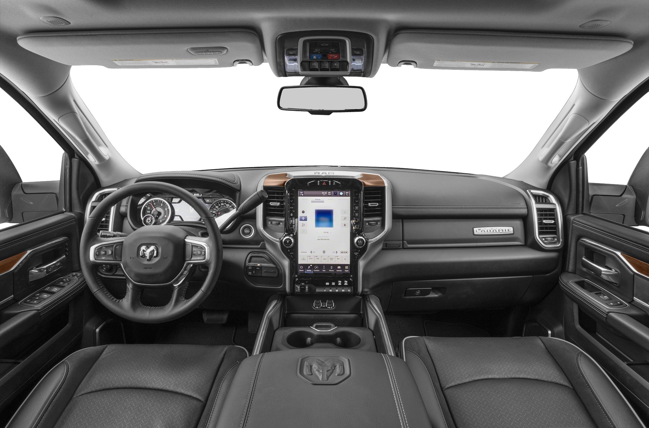 Dashboard and large vertical infotainment touchscreen with steering wheel controls