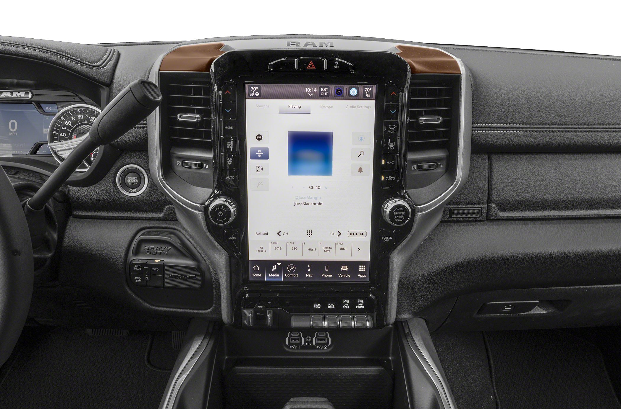 Large touchscreen infotainment and dashboard controls with 4WD selector and start engine button.