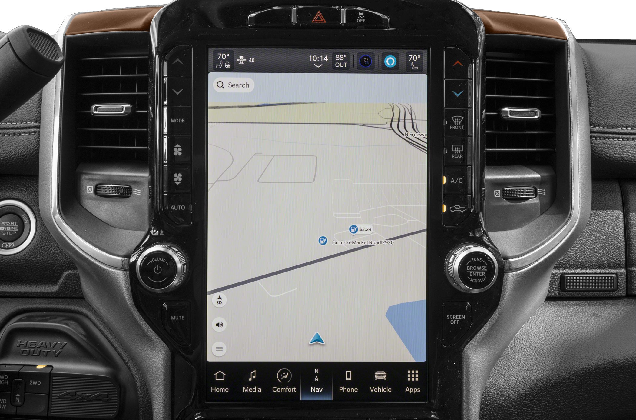 Large touchscreen navigation panel with climate and audio controls